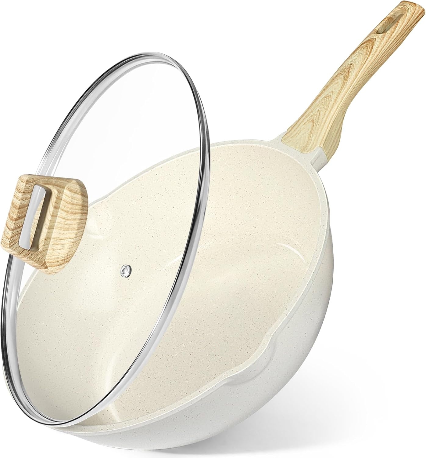 image:imageGiPP Nonstick Deep Frying Pan Skillet 95 Saute Pan with Lid Granite Induction Cookware Non Stick Cooking Pan PFOA PFOS APEO Free WhiteCream