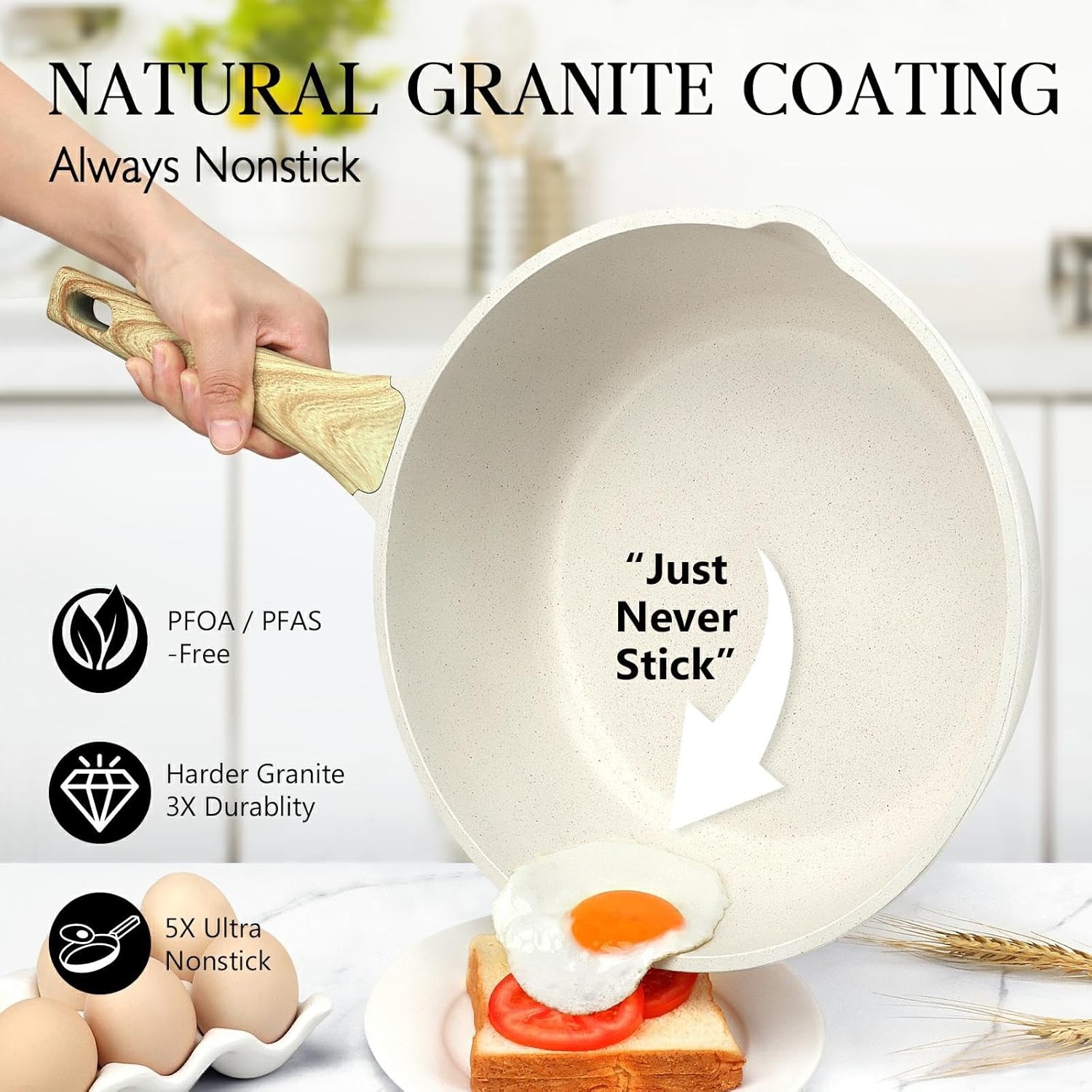 image:imageGiPP Nonstick Deep Frying Pan Skillet 95 Saute Pan with Lid Granite Induction Cookware Non Stick Cooking Pan PFOA PFOS APEO Free WhiteCream