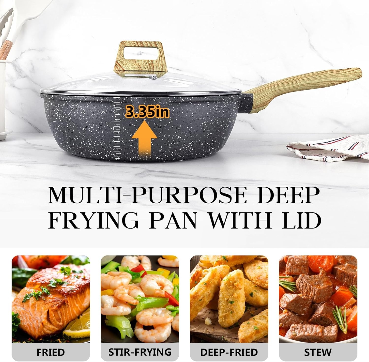 image:imageGiPP Nonstick Deep Frying Pan Skillet 95 Saute Pan with Lid Granite Induction Cookware Non Stick Cooking Pan PFOA PFOS APEO Free WhiteGray