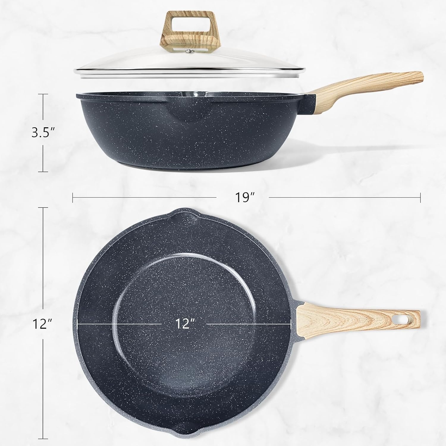 image:imageGiPP Nonstick Deep Frying Pan Skillet 95 Saute Pan with Lid Granite Induction Cookware Non Stick Cooking Pan PFOA PFOS APEO Free WhiteGray