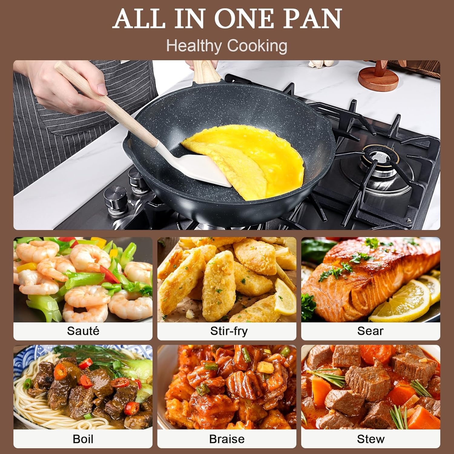 image:imageGiPP Nonstick Deep Frying Pan Skillet 95 Saute Pan with Lid Granite Induction Cookware Non Stick Cooking Pan PFOA PFOS APEO Free WhiteGray