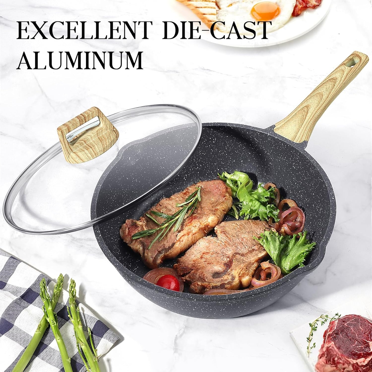 image:imageGiPP Nonstick Deep Frying Pan Skillet 95 Saute Pan with Lid Granite Induction Cookware Non Stick Cooking Pan PFOA PFOS APEO Free WhiteGray