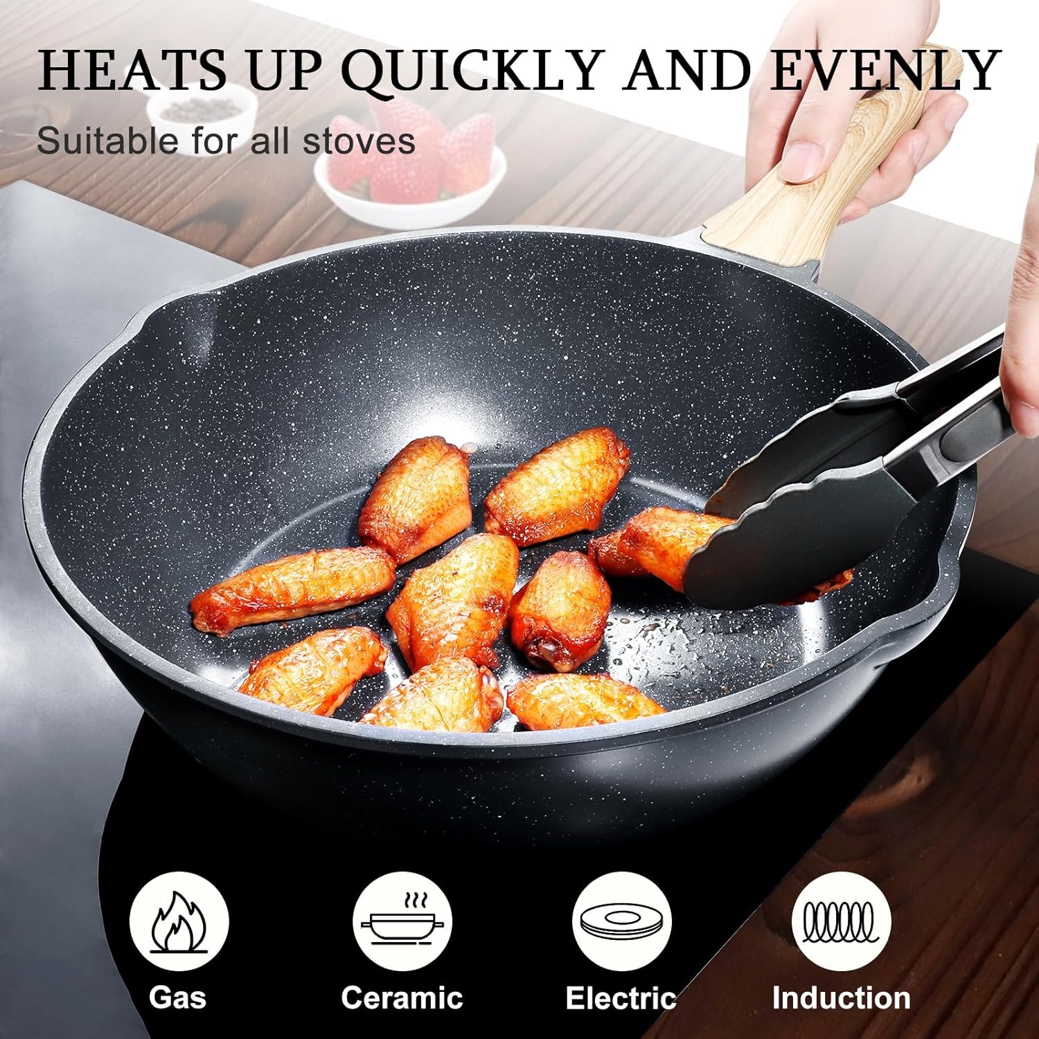image:imageGiPP Nonstick Deep Frying Pan Skillet 95 Saute Pan with Lid Granite Induction Cookware Non Stick Cooking Pan PFOA PFOS APEO Free WhiteGray