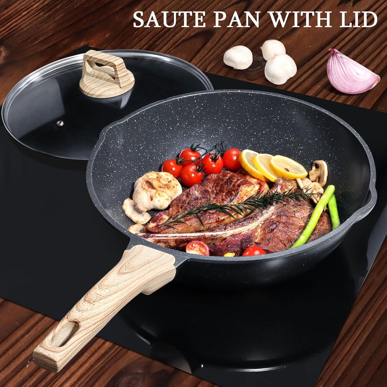image:imageGiPP Nonstick Deep Frying Pan Skillet 95 Saute Pan with Lid Granite Induction Cookware Non Stick Cooking Pan PFOA PFOS APEO Free WhiteGray