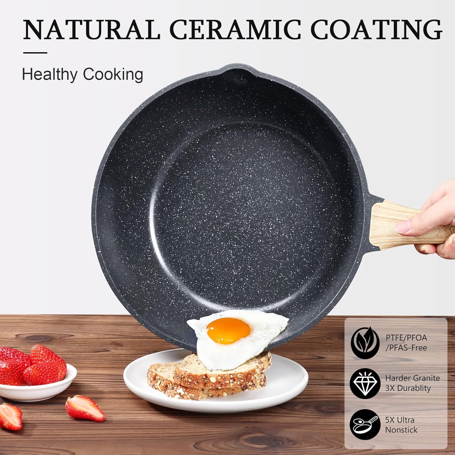 image:imageGiPP Nonstick Deep Frying Pan Skillet 95 Saute Pan with Lid Granite Induction Cookware Non Stick Cooking Pan PFOA PFOS APEO Free WhiteGray