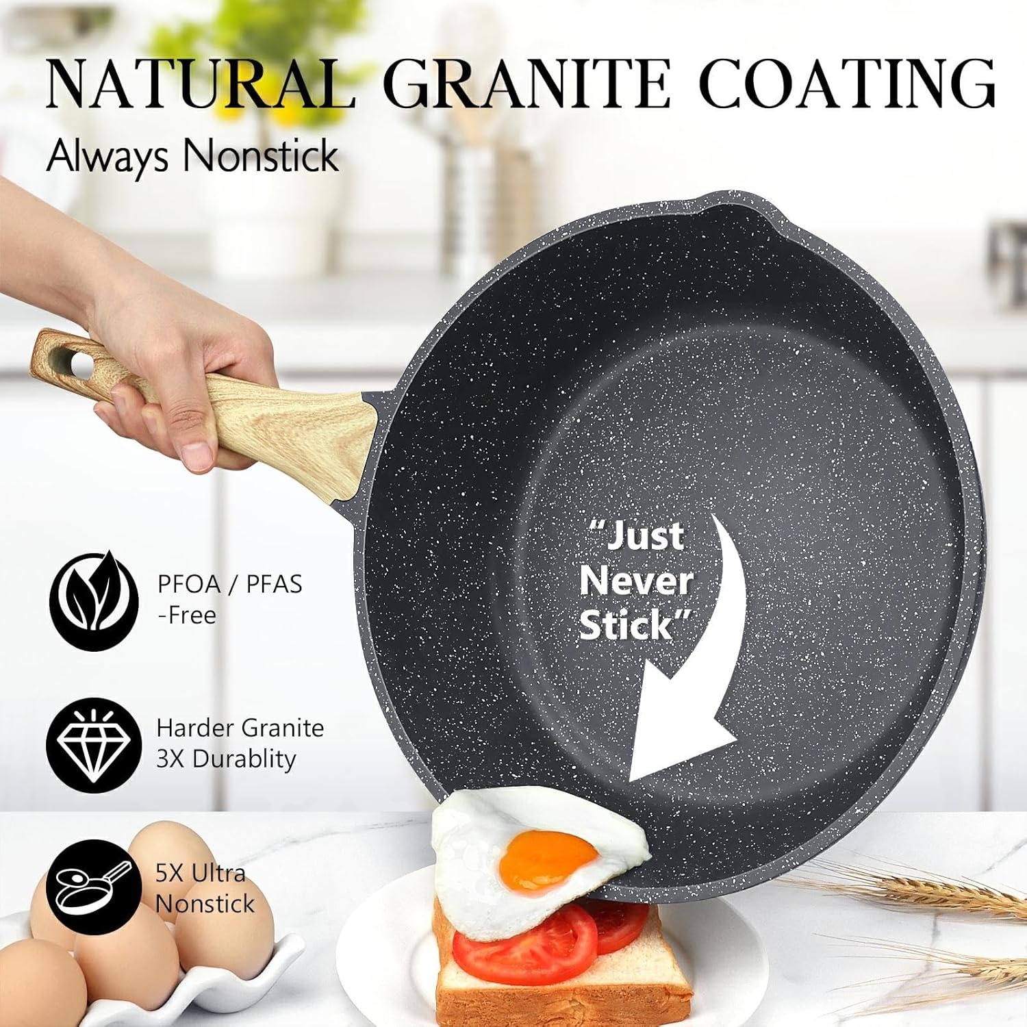 image:imageGiPP Nonstick Deep Frying Pan Skillet 95 Saute Pan with Lid Granite Induction Cookware Non Stick Cooking Pan PFOA PFOS APEO Free WhiteGray