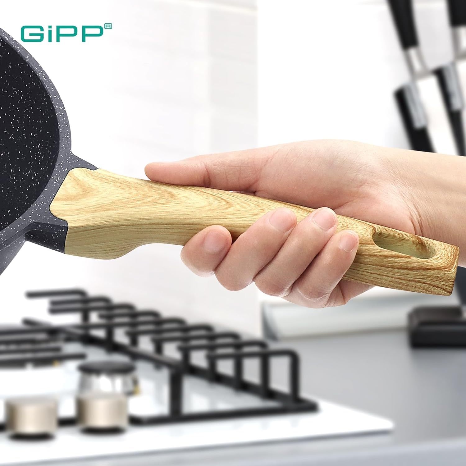 image:imageGiPP Nonstick Deep Frying Pan Skillet 95 Saute Pan with Lid Granite Induction Cookware Non Stick Cooking Pan PFOA PFOS APEO Free WhiteGray