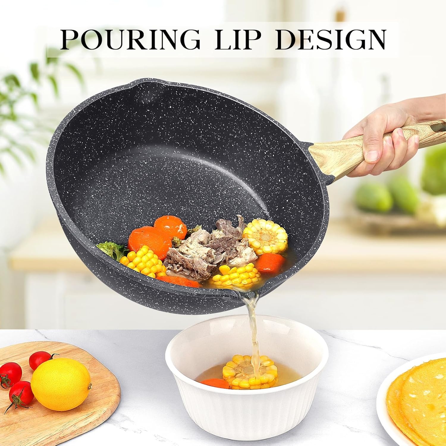 image:imageGiPP Nonstick Deep Frying Pan Skillet 95 Saute Pan with Lid Granite Induction Cookware Non Stick Cooking Pan PFOA PFOS APEO Free WhiteGray