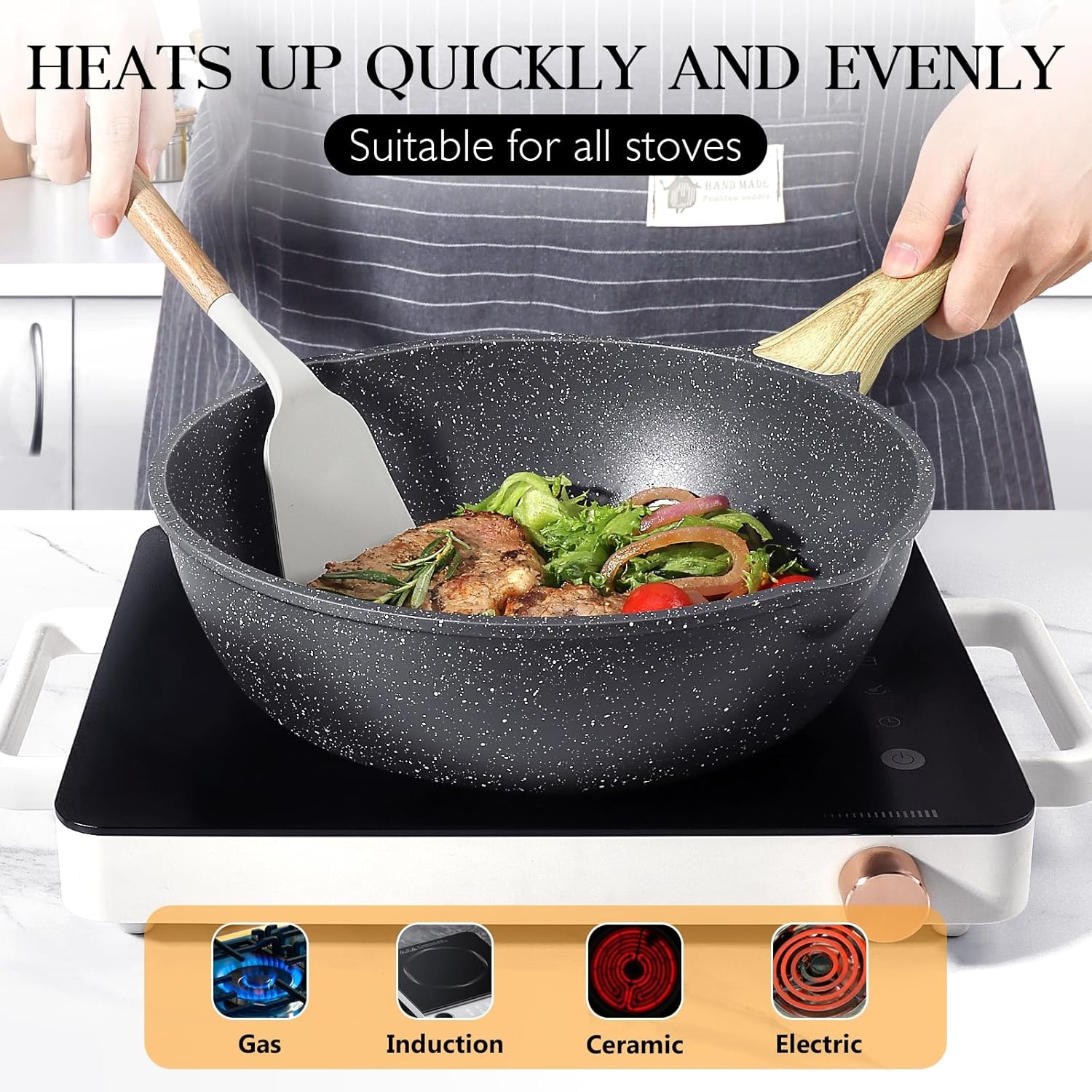 image:imageGiPP Nonstick Deep Frying Pan Skillet 95 Saute Pan with Lid Granite Induction Cookware Non Stick Cooking Pan PFOA PFOS APEO Free WhiteGray
