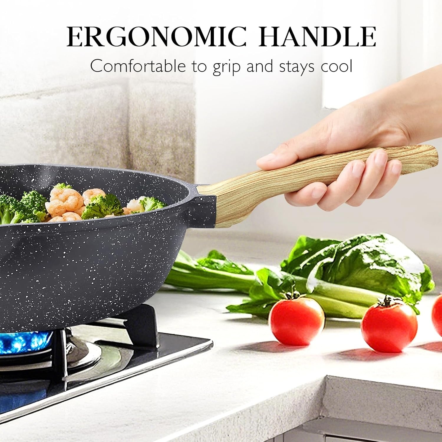 image:imageGiPP Nonstick Deep Frying Pan Skillet 95 Saute Pan with Lid Granite Induction Cookware Non Stick Cooking Pan PFOA PFOS APEO Free WhiteGray