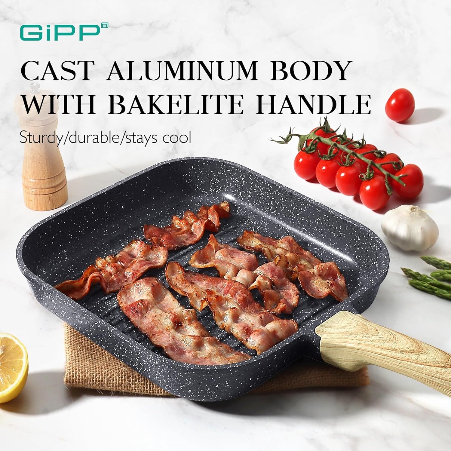 image:imageGiPP Nonstick Grill Pan for Stove Tops 11 Inch Square Grilling Pan for Indoor Cooking amp Outdoor Grilling Non Stick Granite Grill Skillet Steak Pan PFOA Free Grey