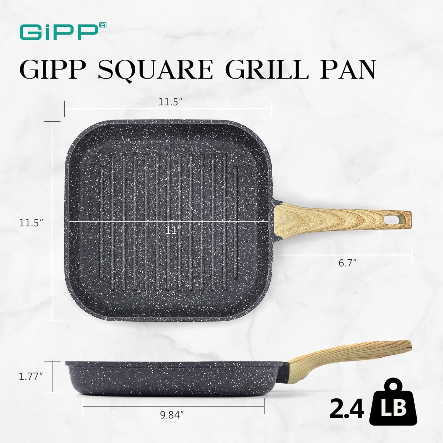 image:imageGiPP Nonstick Grill Pan for Stove Tops 11 Inch Square Grilling Pan for Indoor Cooking amp Outdoor Grilling Non Stick Granite Grill Skillet Steak Pan PFOA Free Grey