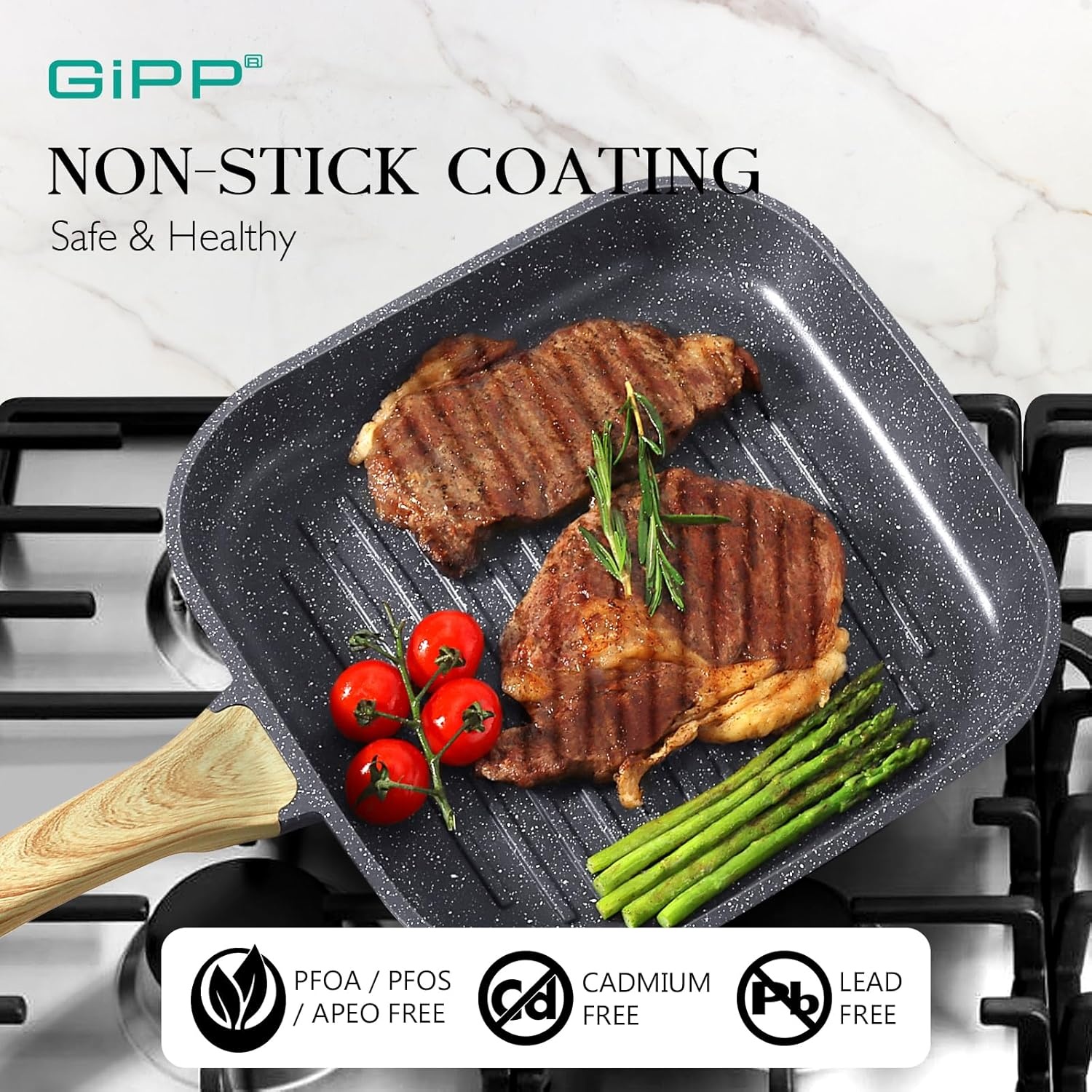 image:imageGiPP Nonstick Grill Pan for Stove Tops 11 Inch Square Grilling Pan for Indoor Cooking amp Outdoor Grilling Non Stick Granite Grill Skillet Steak Pan PFOA Free Grey