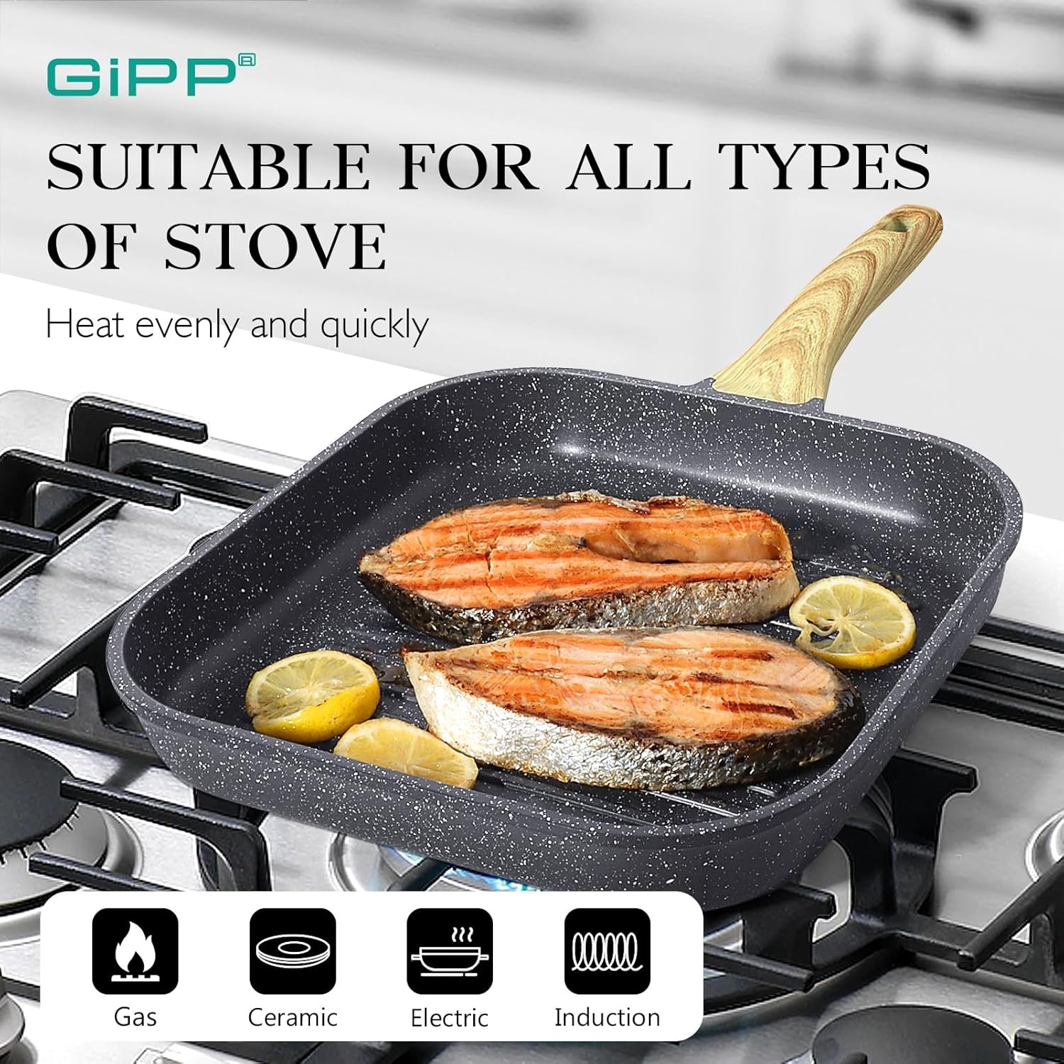 image:imageGiPP Nonstick Grill Pan for Stove Tops 11 Inch Square Grilling Pan for Indoor Cooking amp Outdoor Grilling Non Stick Granite Grill Skillet Steak Pan PFOA Free Grey