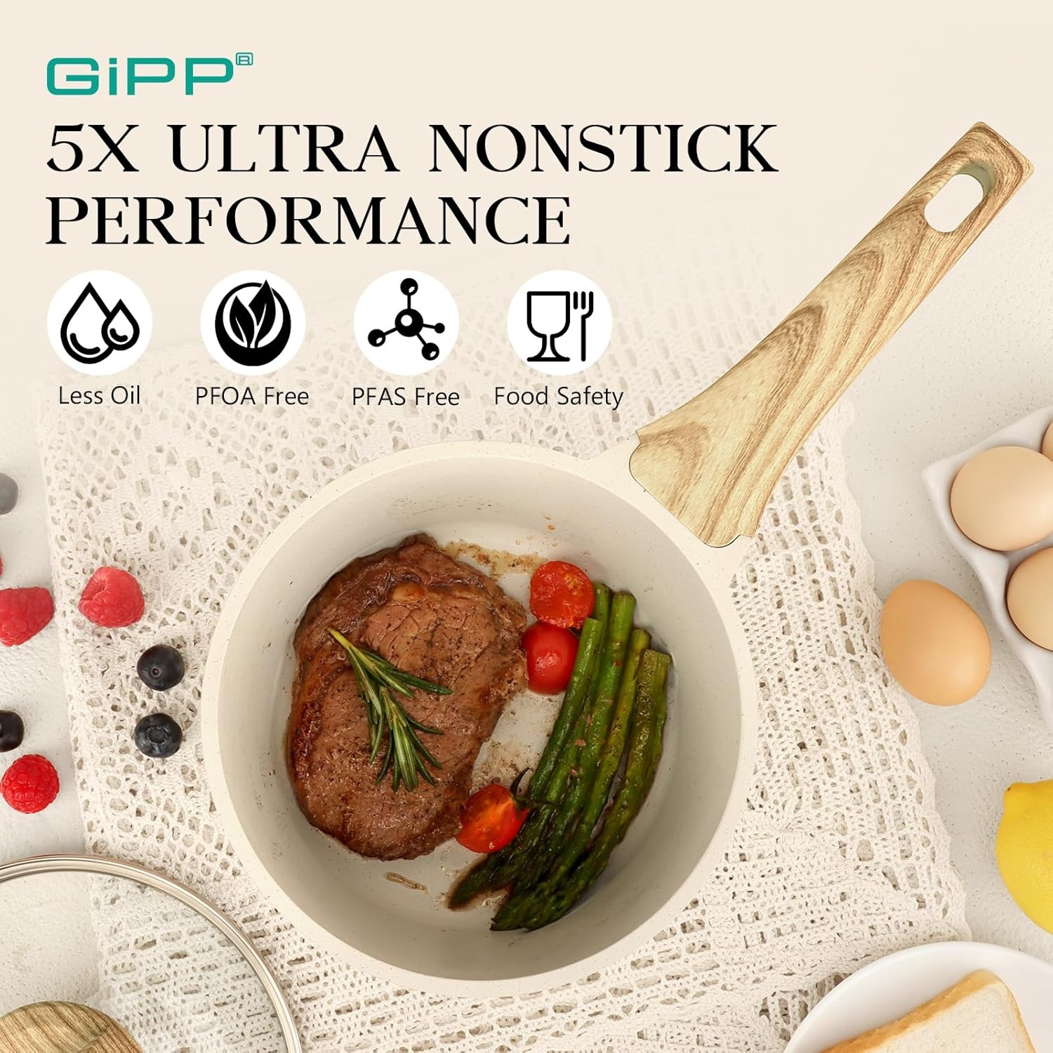 image:imageGiPP Nonstick Sauce Pan with Lid 15QT Small Non Stick Saucepan Cooking Pot with Staycool Handle Small Kitchen Pots White Granite Sauce Pot Induction Compatible PFOA Free