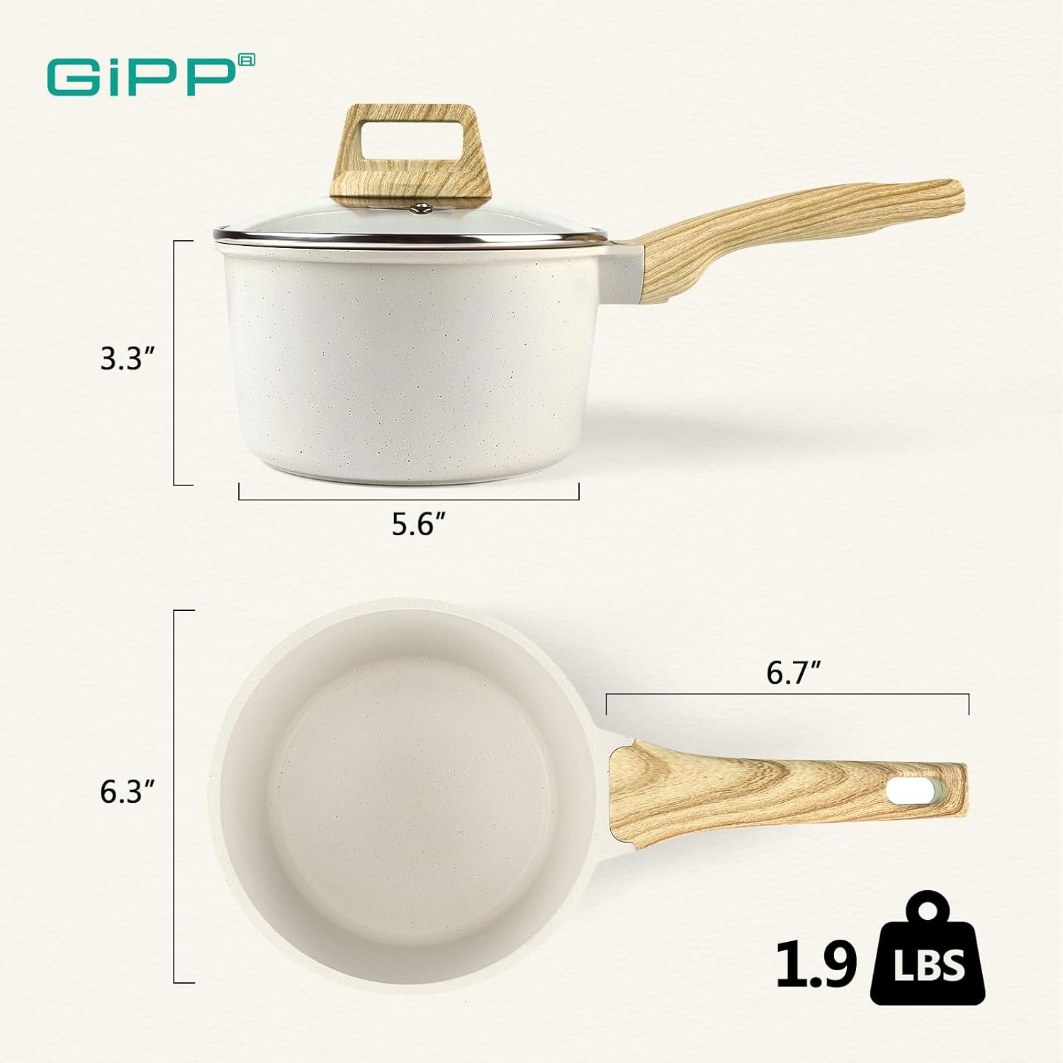 image:imageGiPP Nonstick Sauce Pan with Lid 15QT Small Non Stick Saucepan Cooking Pot with Staycool Handle Small Kitchen Pots White Granite Sauce Pot Induction Compatible PFOA Free