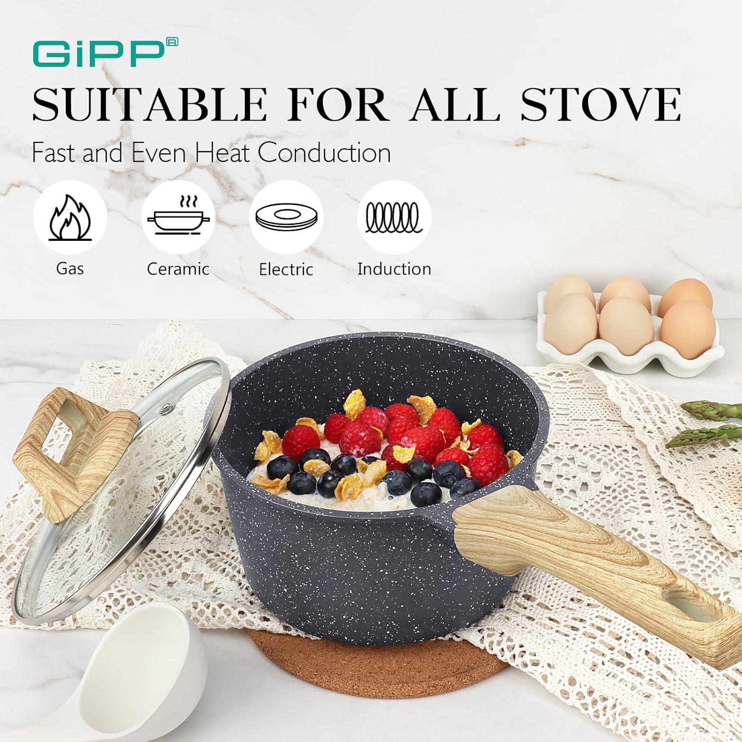 image:imageGiPP Nonstick Sauce Pan with Lid 25QT Small Non Stick Saucepan Cooking Pot with Staycool Handle Small Kitchen Pots Granite Sauce Pot Induction Compatible PFOA FreeGrey