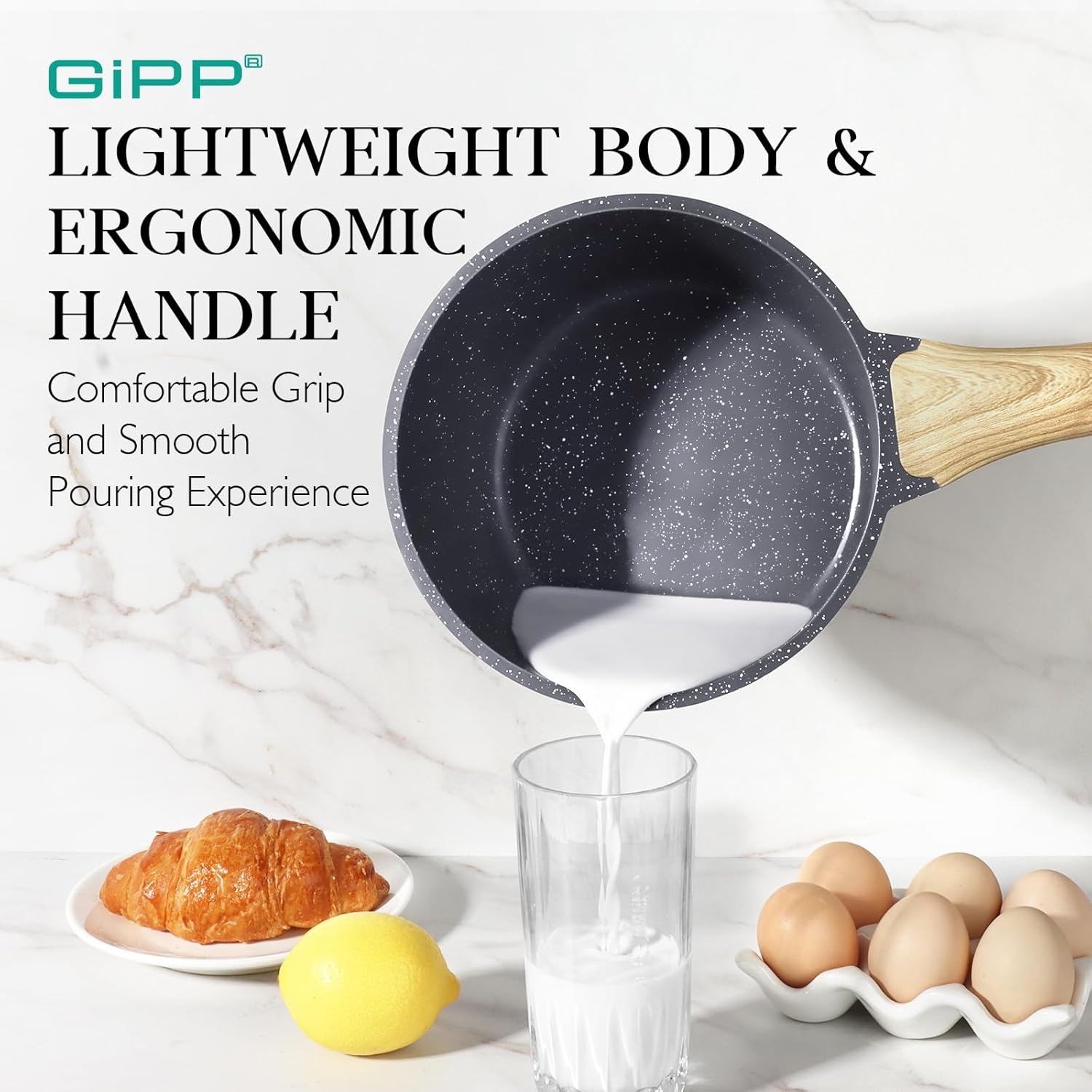 image:imageGiPP Nonstick Sauce Pan with Lid 25QT Small Non Stick Saucepan Cooking Pot with Staycool Handle Small Kitchen Pots Granite Sauce Pot Induction Compatible PFOA FreeGrey