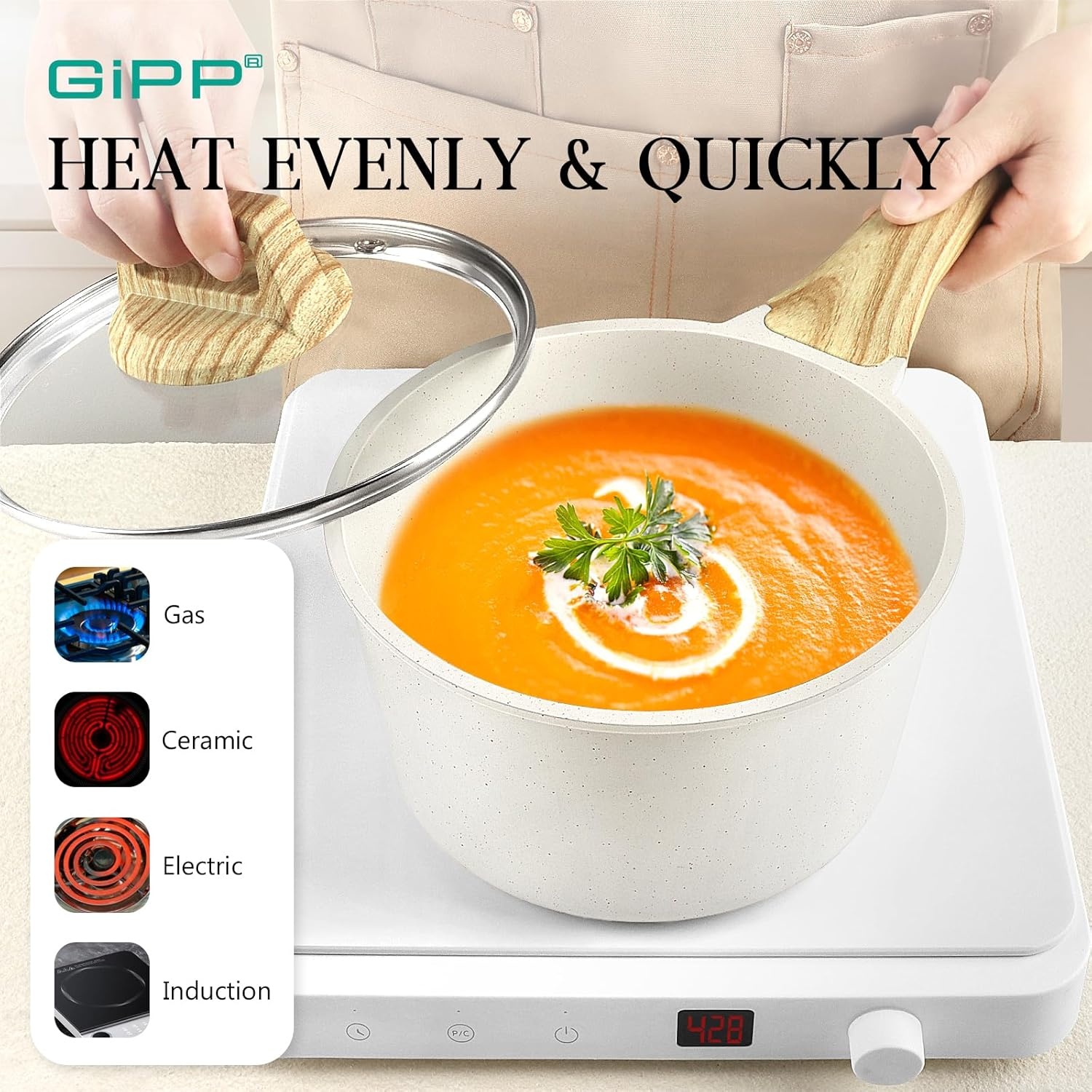 image:imageGiPP Pots and Pans Set Non Stick 14 Pcs White Granite Kitchen Cookware Sets Nonstick Induction Cookware Cooking Pan Set with Frying Pans Saucepans and Silicone Utensils PFOS amp PFOA FreeWhite