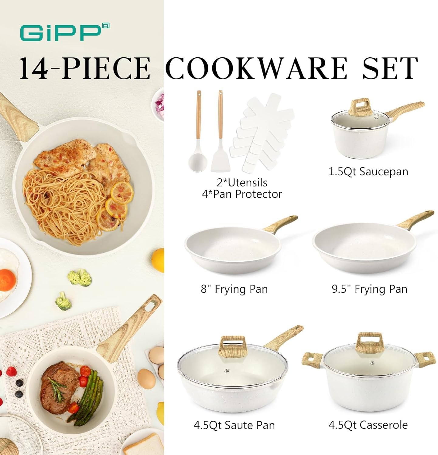 image:imageGiPP Pots and Pans Set Non Stick 14 Pcs White Granite Kitchen Cookware Sets Nonstick Induction Cookware Cooking Pan Set with Frying Pans Saucepans and Silicone Utensils PFOS amp PFOA FreeWhite