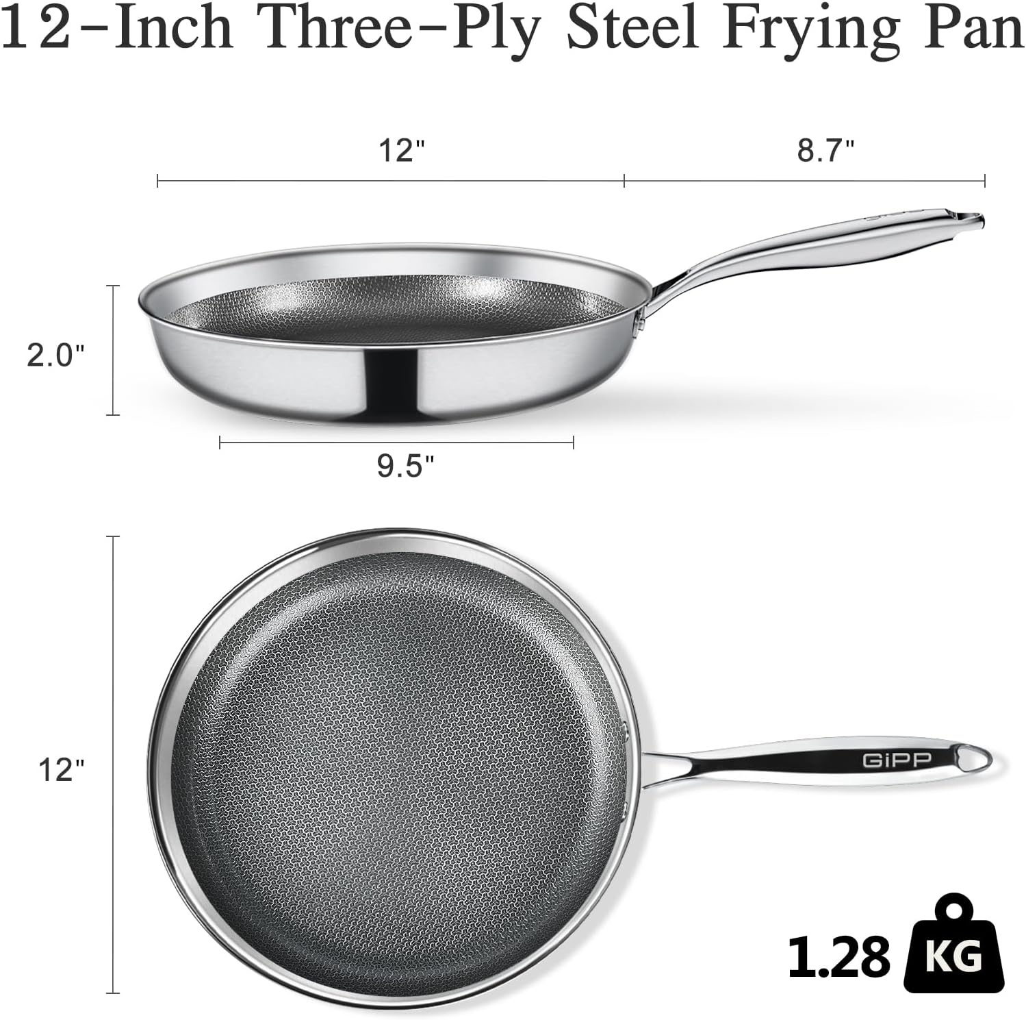 image:imageGiPP TriPly Stainless Steel Frying Pan 12 inch Hybrid Frying Pans Nonstick Skillets Dishwasher and OvenSafe Induction Ready Compatible with All Cook tops PFOSPFOA Free12inch