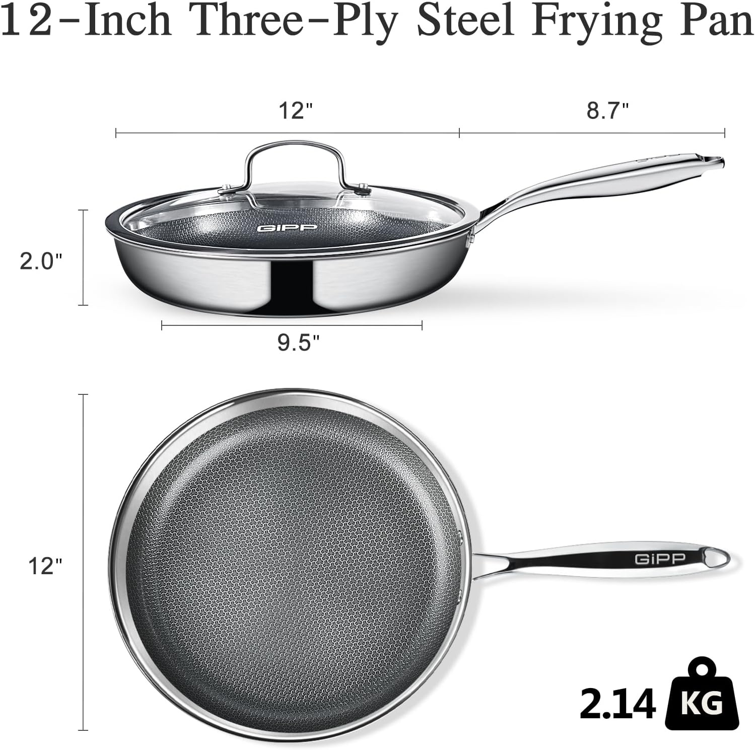 image:imageGiPP TriPly Stainless Steel Frying Pan 12 inch Hybrid Frying Pans Nonstick Skillets Dishwasher and OvenSafe Induction Ready Compatible with All Cook tops PFOSPFOA Free12inchLid