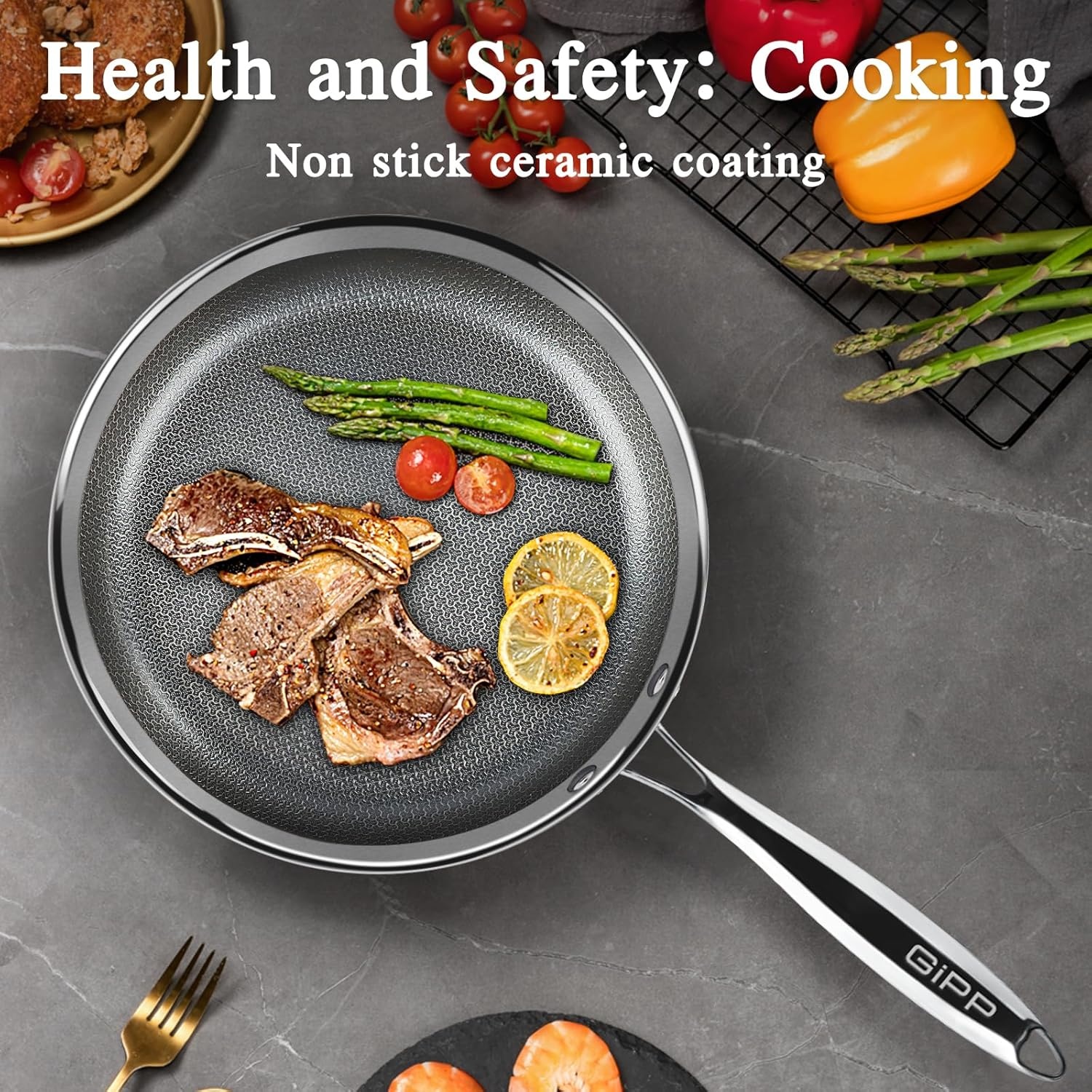 image:imageGiPP TriPly Stainless Steel Frying Pan 12 inch Hybrid Frying Pans Nonstick Skillets Dishwasher and OvenSafe Induction Ready Compatible with All Cook tops PFOSPFOA Free12inchLid