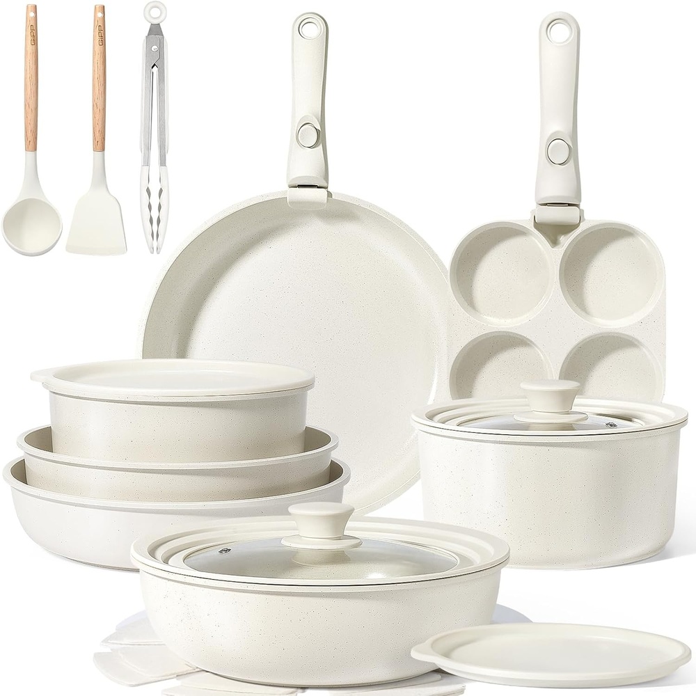 image:imageGIPP Large Size 21 Piece Pots and Pans Set Non Stickwith 12 inch Frying PanCookware Set with Detachable Handles Safe for Ovens and DishwashersInduction Cookers RV KitchenCream