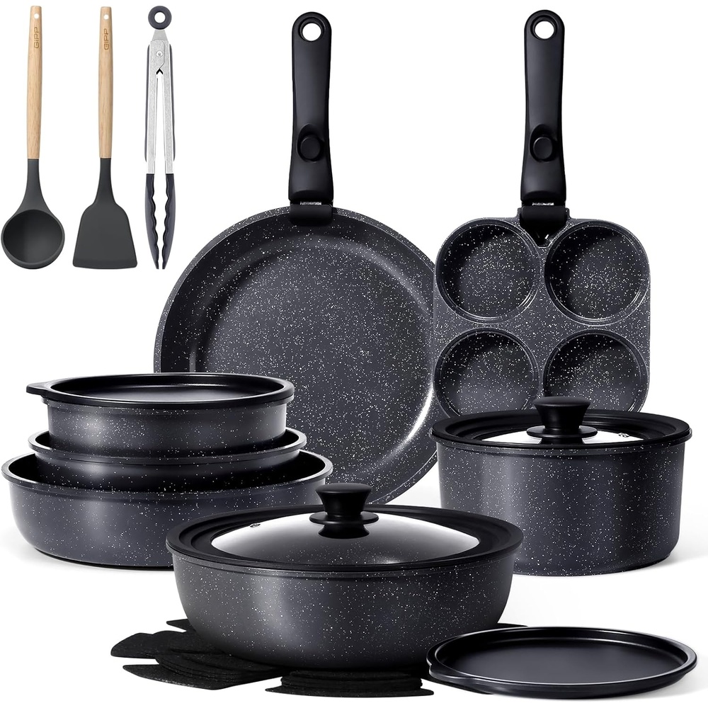 image:imageGIPP Large Size 21 Piece Pots and Pans Set Non Stickwith 12 inch Frying PanCookware Set with Detachable Handles Safe for Ovens and DishwashersInduction Cookers RV KitchenDark Gray