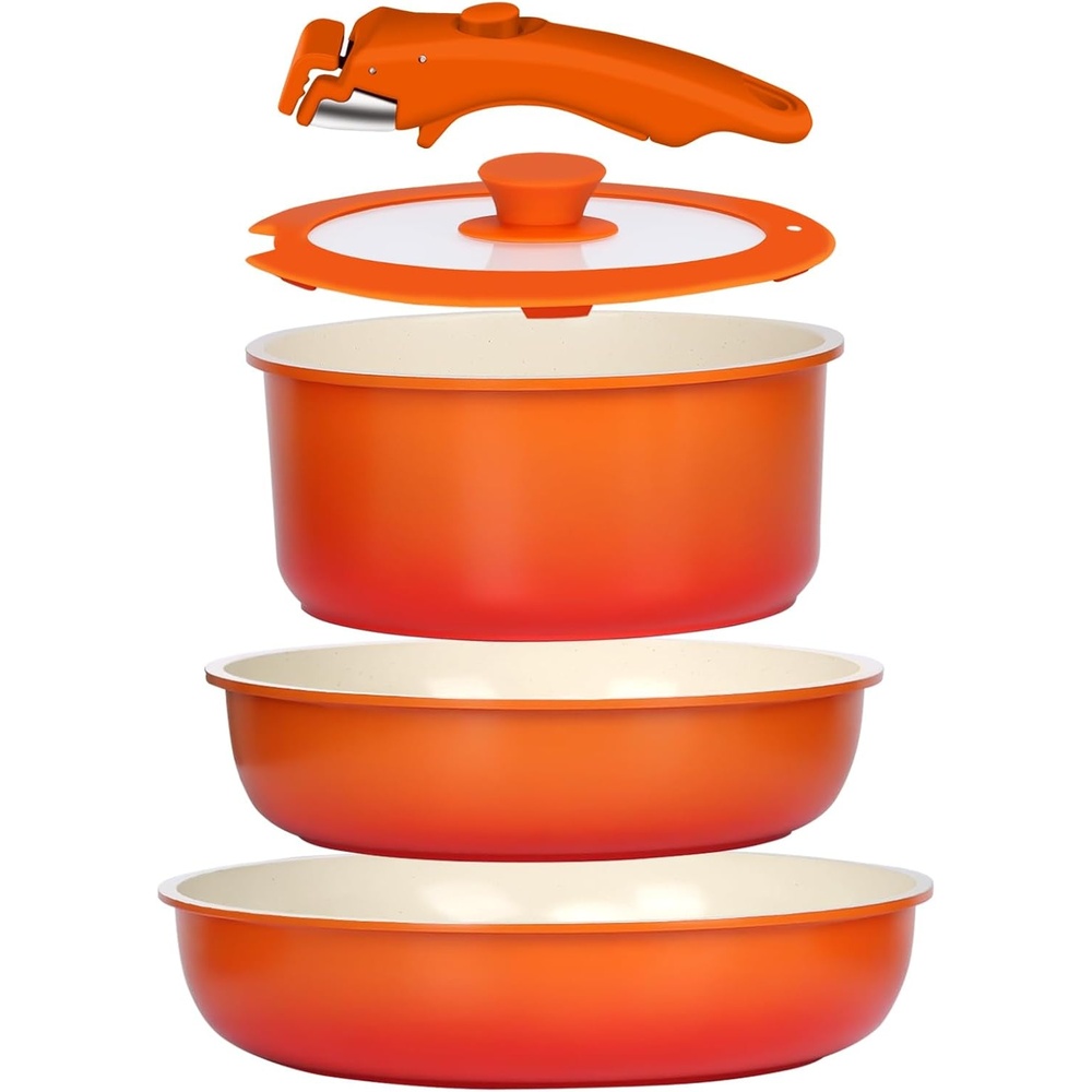 image:imageGiPP 5PCS Pots and Pans Set Non Stick Nonstick Cookware Set Detachable Handle Ceramic Pots for Cooking Non Stick with Removable Handle RV Cookware Set for All Stoves Red Black GradienOrange Gradient