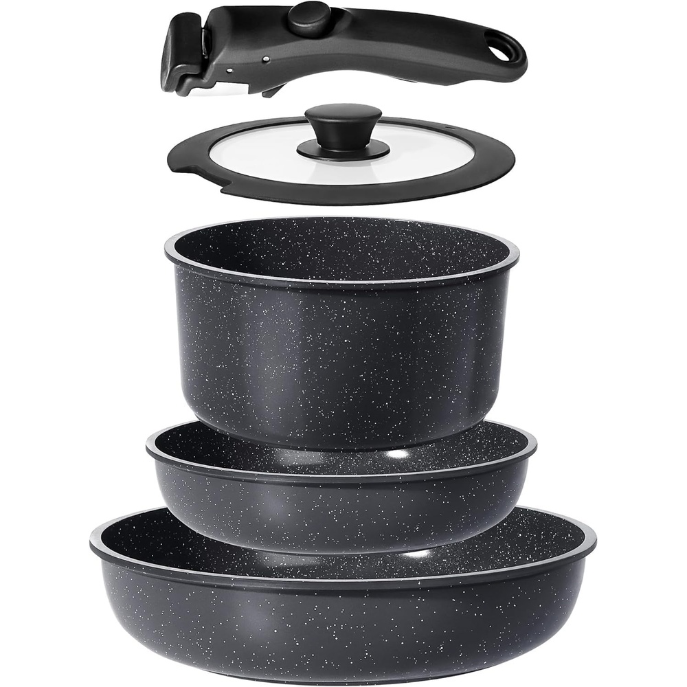 image:imageGiPP 5Pcs Pots and Pans Set Non Stick Cookware Sets Nonstick Detachable Handle Induction Kitchen Set Removable Handle RV Cookware set Oven SafeDark Gray