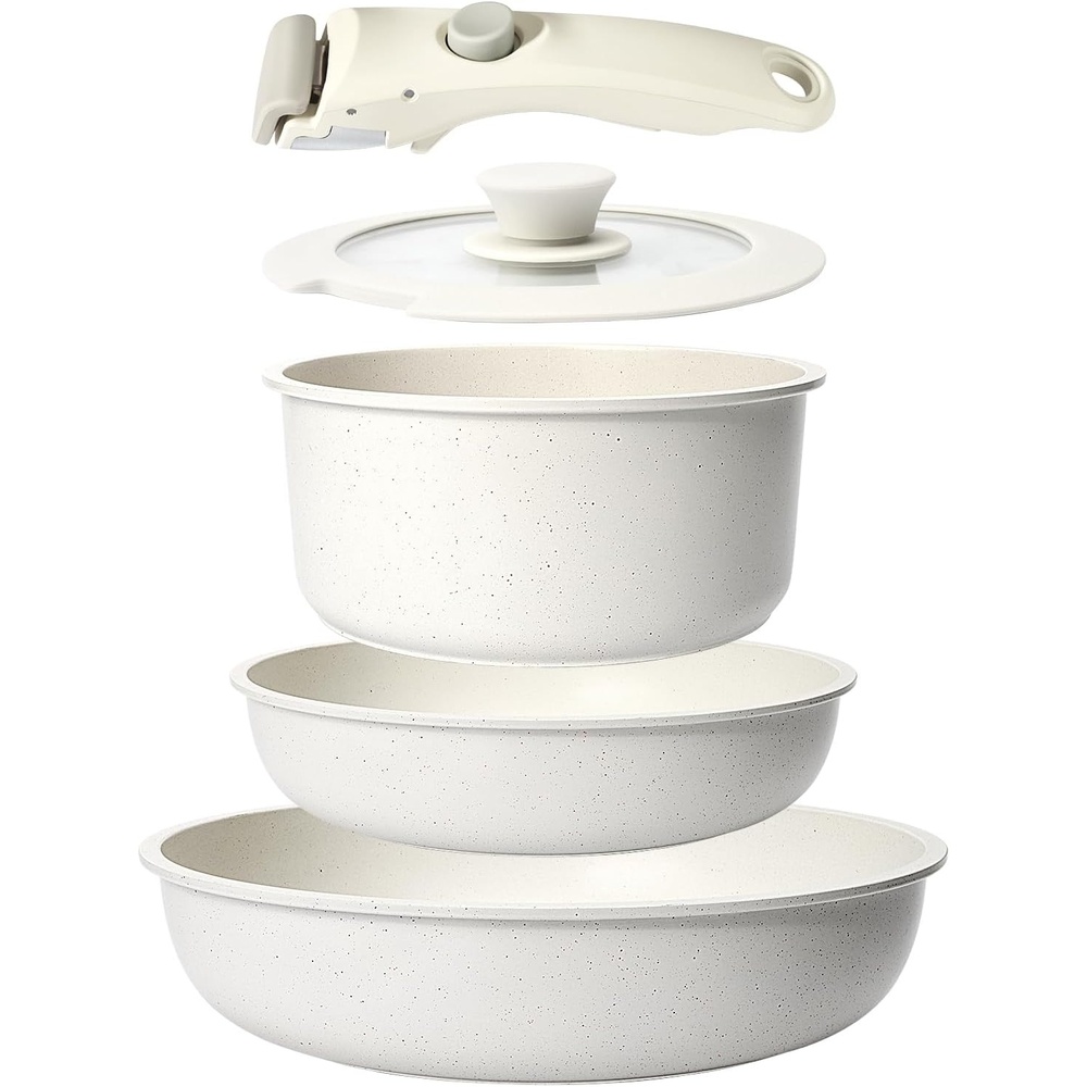 image:imageGiPP 5Pcs Pots and Pans Set Non Stick Cookware Sets Nonstick Detachable Handle Induction Kitchen Set Removable Handle RV Cookware set Oven SafeWhite