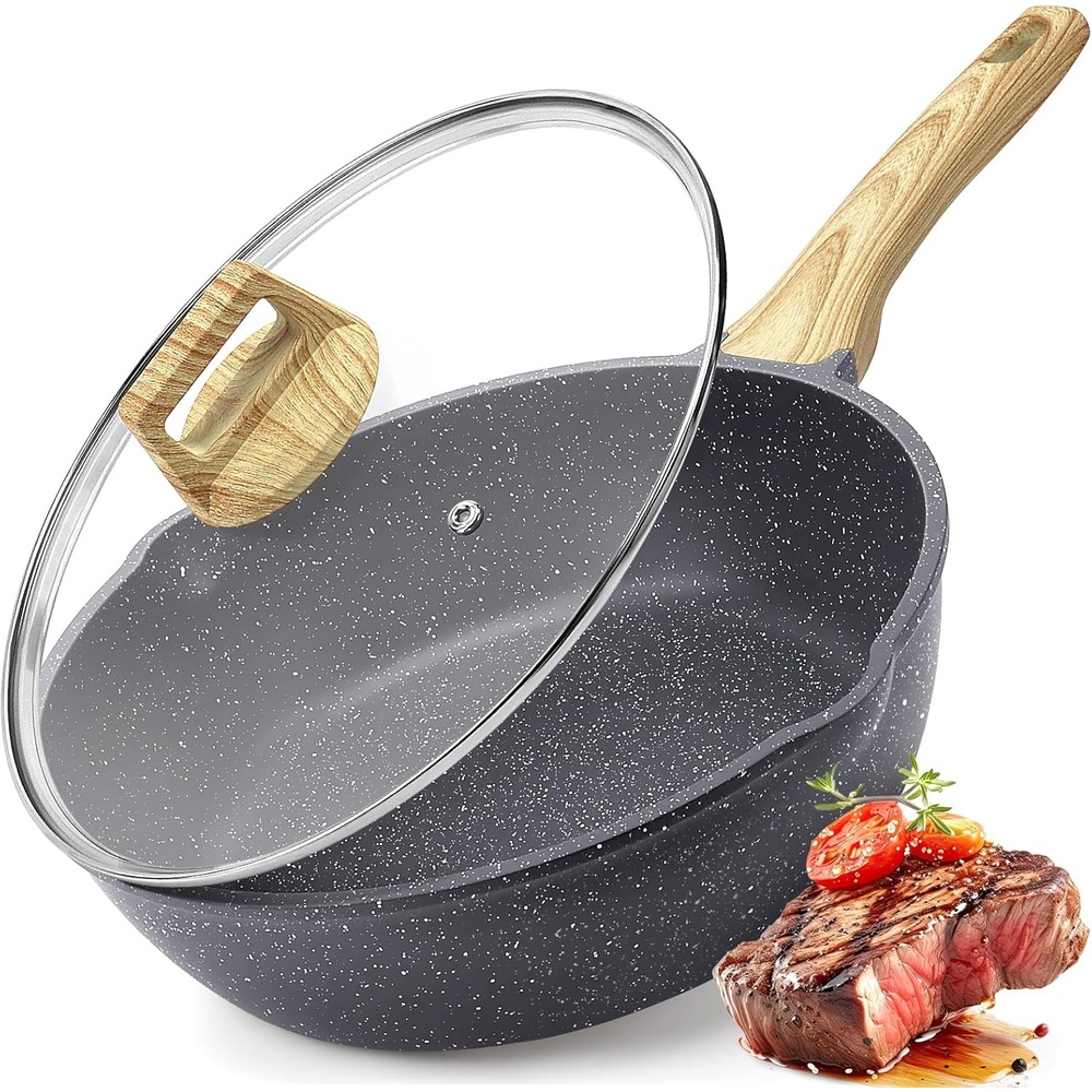 image:imageGiPP Nonstick Deep Frying Pan Skillet 95 Saute Pan with Lid Granite Induction Cookware Non Stick Cooking Pan PFOA PFOS APEO Free WhiteGray