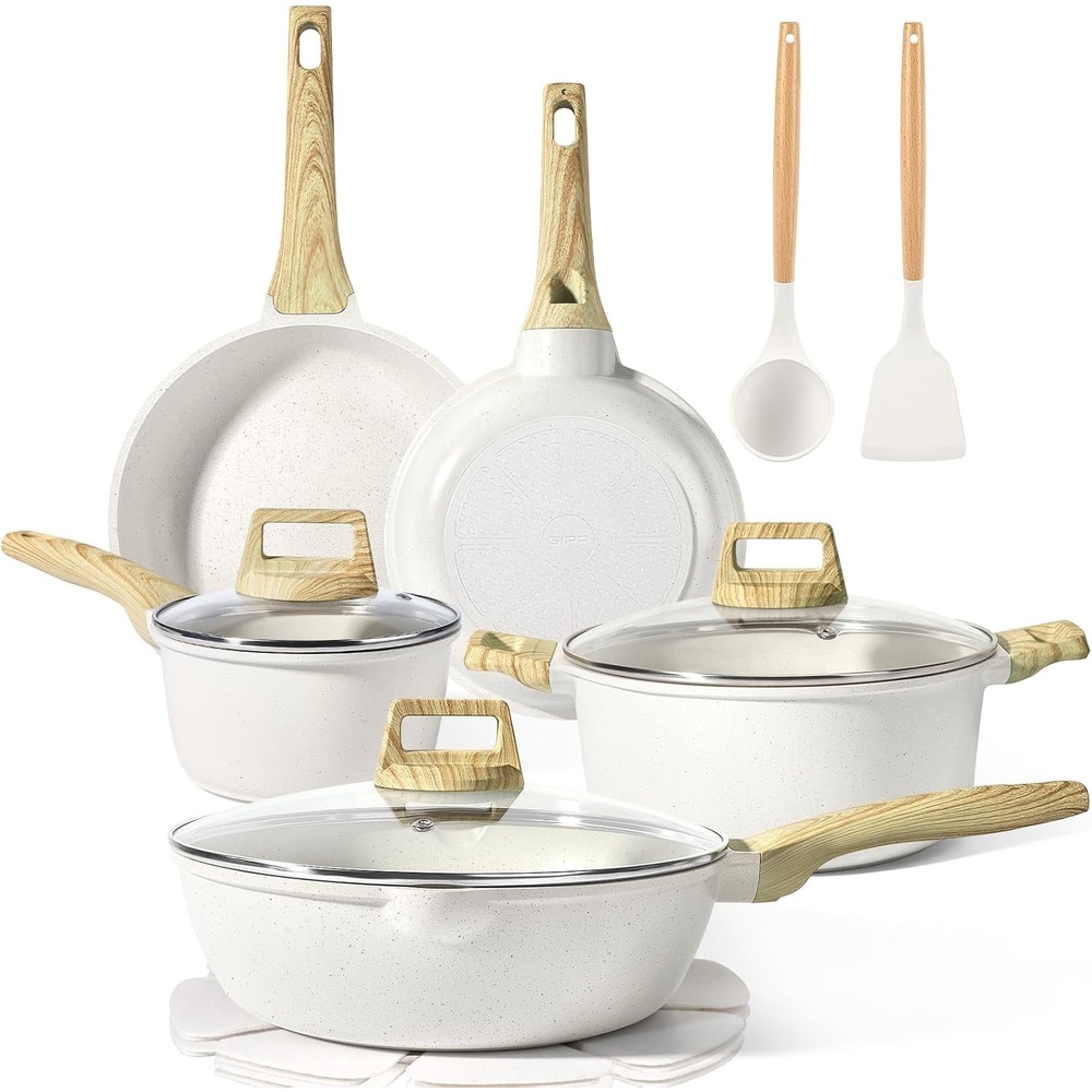image:imageGiPP Pots and Pans Set Non Stick 14 Pcs White Granite Kitchen Cookware Sets Nonstick Induction Cookware Cooking Pan Set with Frying Pans Saucepans and Silicone Utensils PFOS amp PFOA FreeWhite