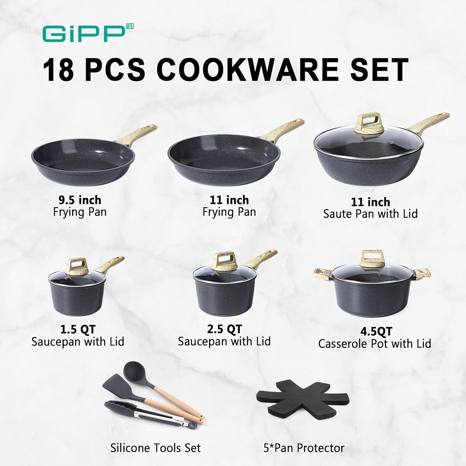 image:imageGiPP Ceramic Pots and Pans Set Non Stick 18 Pcs Nonstick Cookware Set Nontoxic Healthy Kitchen Cooking Set wFrying Pans Set Dishwasher Safe PFAS PTFE PFOA PFOS Free Dark GrayDark Gray