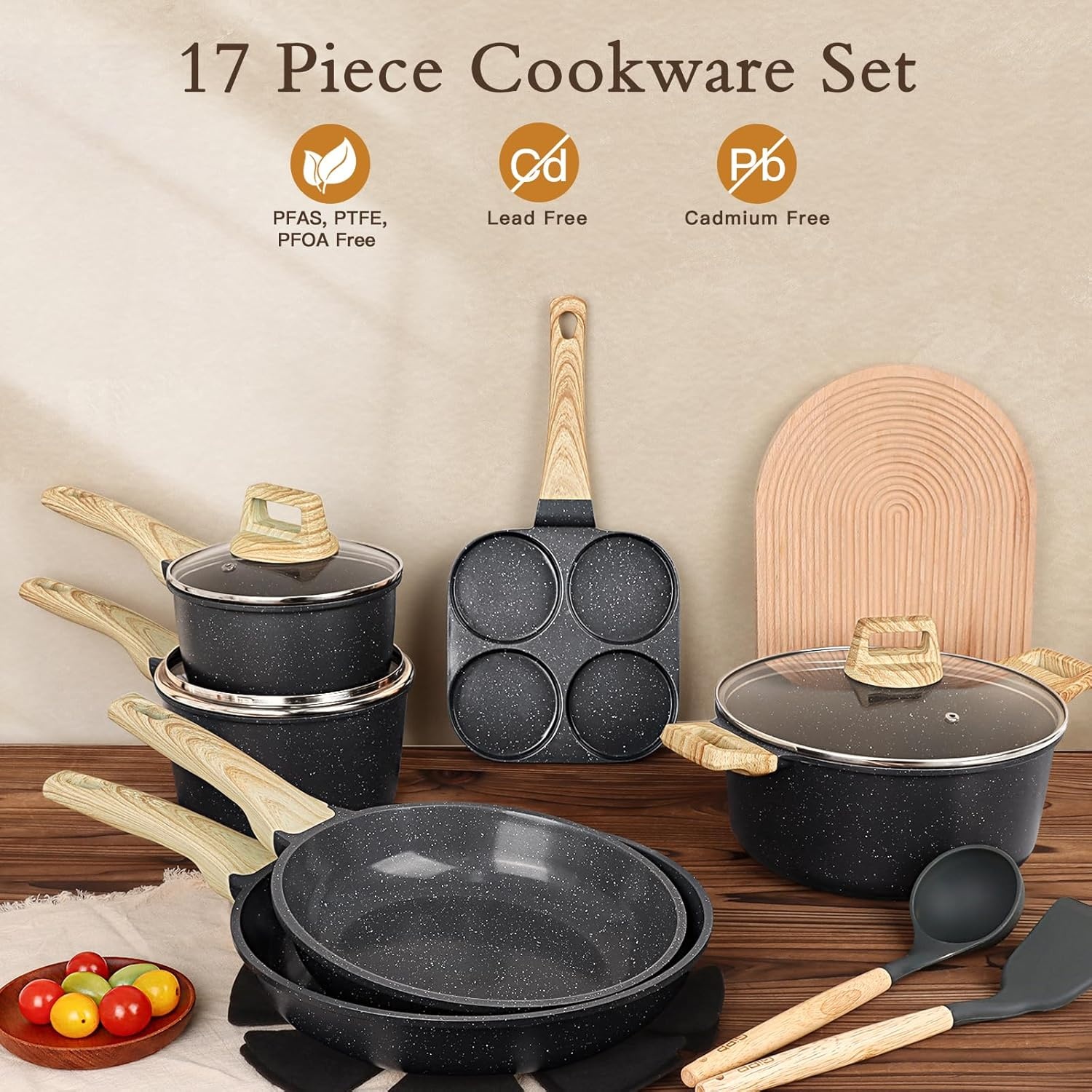 image:imageGiPP Ceramic Pots and Pans Set Non Stick 18 Pcs Nonstick Cookware Set Nontoxic Healthy Kitchen Cooking Set wFrying Pans Set Dishwasher Safe PFAS PTFE PFOA PFOS Free Dark GrayDark Gray