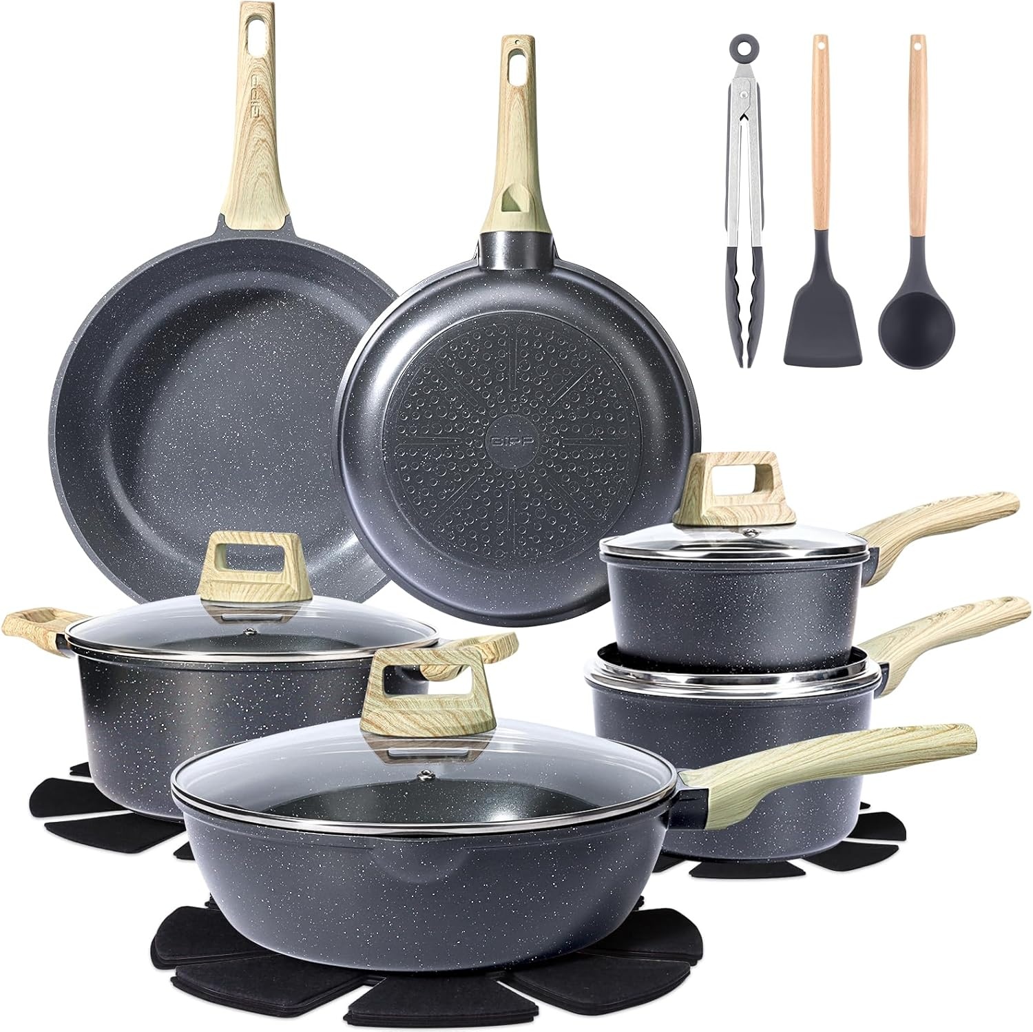 image:imageGiPP Ceramic Pots and Pans Set Non Stick 18 Pcs Nonstick Cookware Set Nontoxic Healthy Kitchen Cooking Set wFrying Pans Set Dishwasher Safe PFAS PTFE PFOA PFOS Free Dark GrayDark Gray