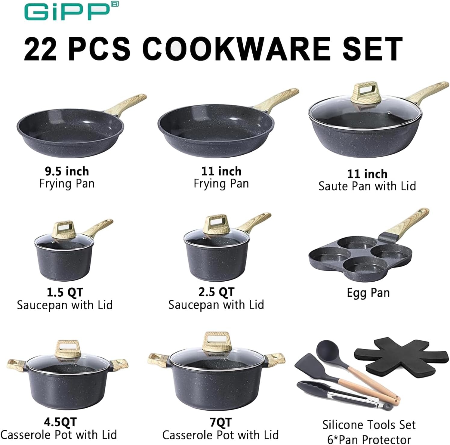 image:imageGiPP Ceramic Pots and Pans Set Non Stick 18 Pcs Nonstick Cookware Set Nontoxic Healthy Kitchen Cooking Set wFrying Pans Set Dishwasher Safe PFAS PTFE PFOA PFOS Free Dark GrayDark Gray