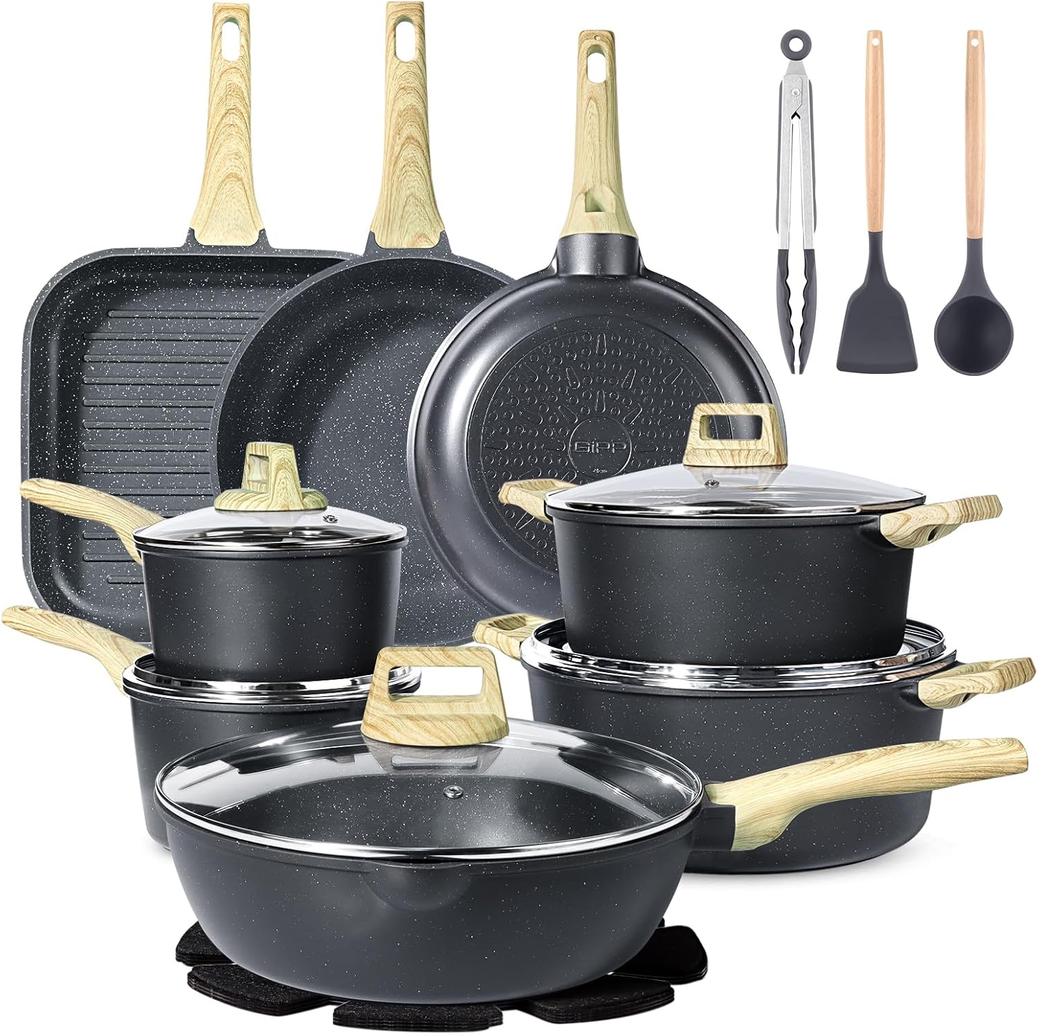 image:imageGiPP Ceramic Pots and Pans Set Non Stick 18 Pcs Nonstick Cookware Set Nontoxic Healthy Kitchen Cooking Set wFrying Pans Set Dishwasher Safe PFAS PTFE PFOA PFOS Free Dark GrayDark Gray