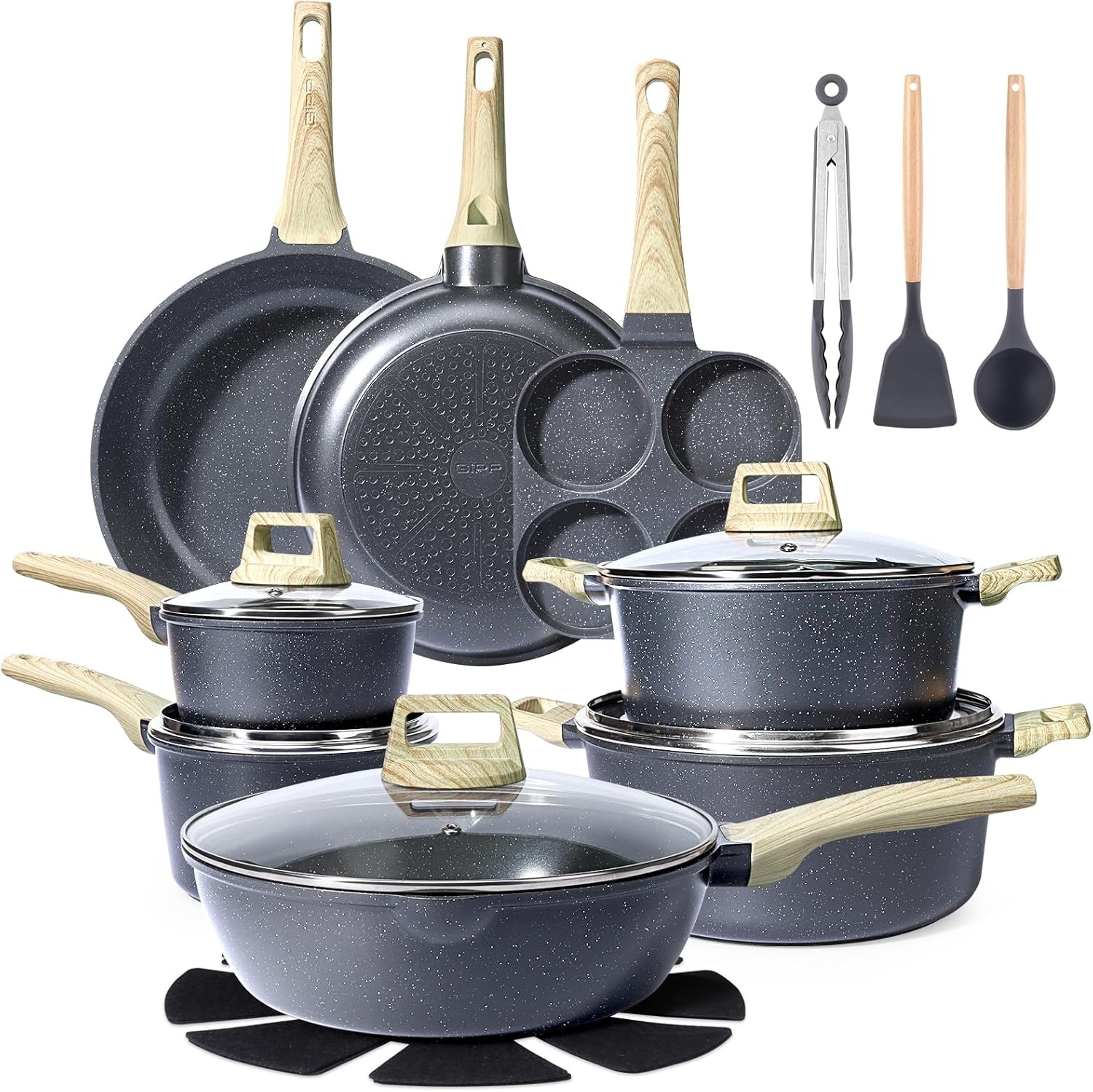 image:imageGiPP Ceramic Pots and Pans Set Non Stick 18 Pcs Nonstick Cookware Set Nontoxic Healthy Kitchen Cooking Set wFrying Pans Set Dishwasher Safe PFAS PTFE PFOA PFOS Free Dark GrayDark Gray