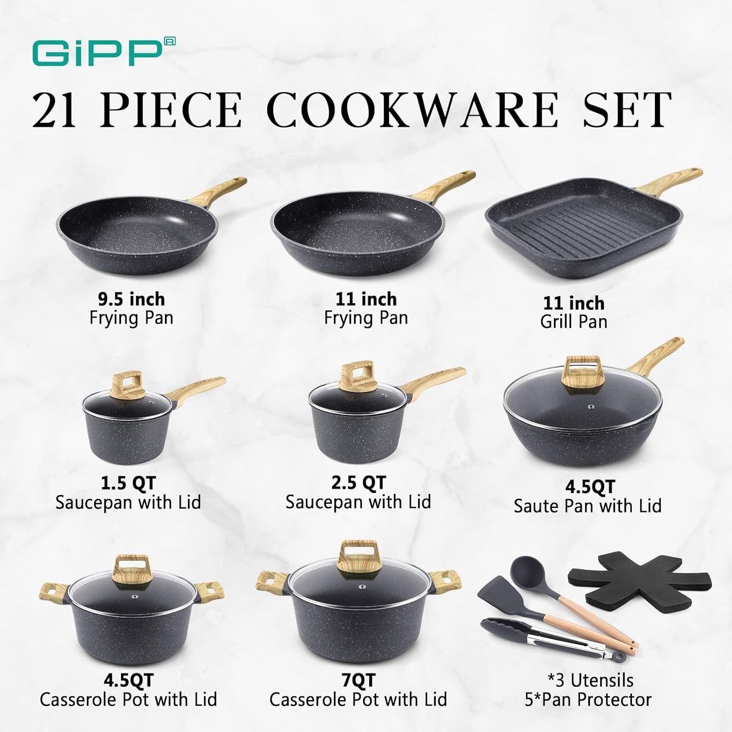 image:imageGiPP Ceramic Pots and Pans Set Non Stick 18 Pcs Nonstick Cookware Set Nontoxic Healthy Kitchen Cooking Set wFrying Pans Set Dishwasher Safe PFAS PTFE PFOA PFOS Free Dark GrayDark Gray