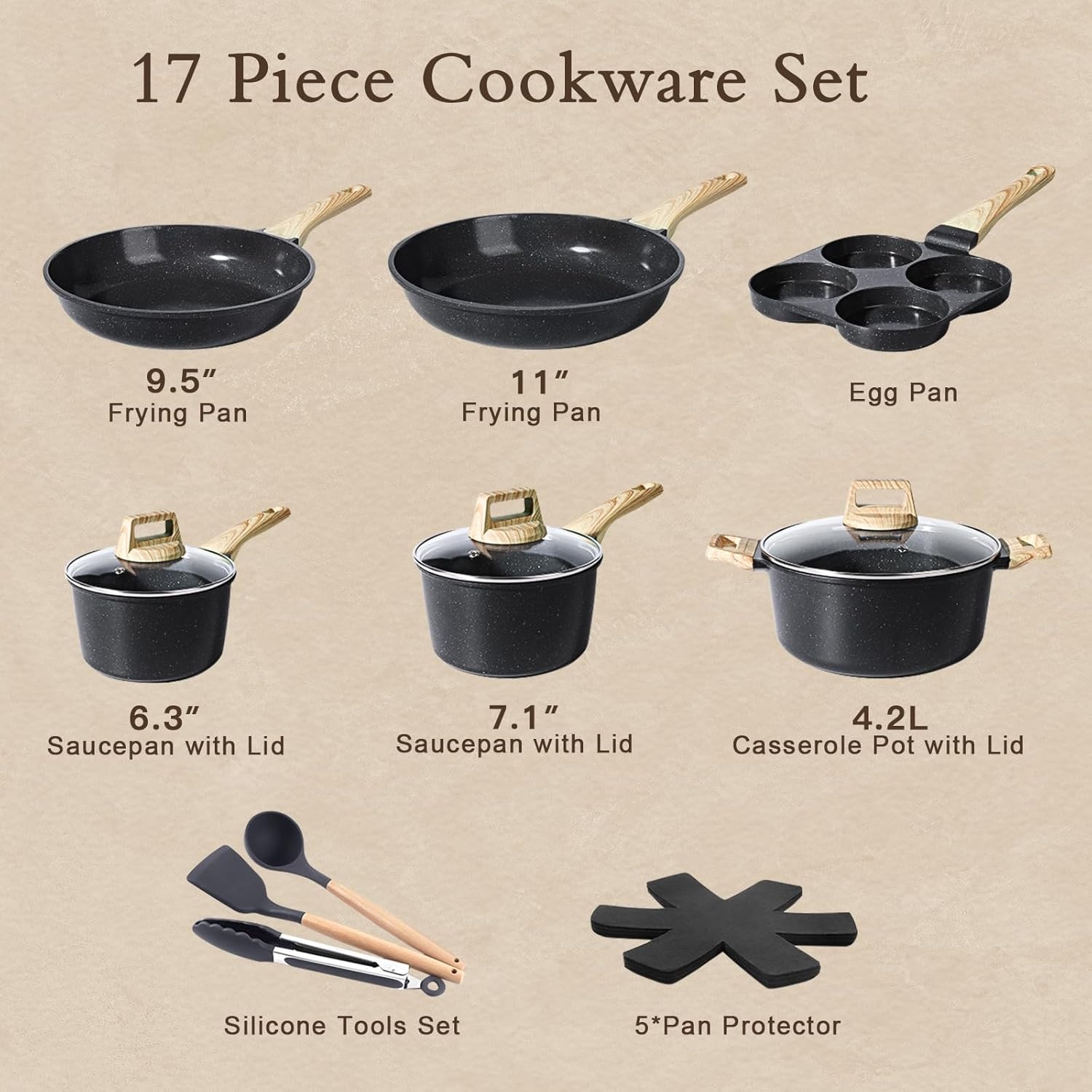 image:imageGiPP Ceramic Pots and Pans Set Non Stick 18 Pcs Nonstick Cookware Set Nontoxic Healthy Kitchen Cooking Set wFrying Pans Set Dishwasher Safe PFAS PTFE PFOA PFOS Free Dark GrayDark Gray