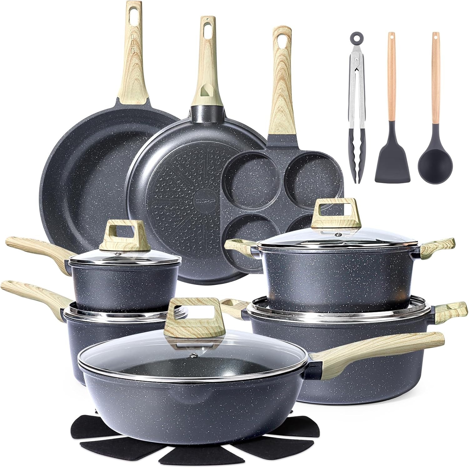 image:imageGiPP Ceramic Pots and Pans Set Non Stick 18 Pcs Nonstick Cookware Set Nontoxic Healthy Kitchen Cooking Set wFrying Pans Set Dishwasher Safe PFAS PTFE PFOA PFOS Free Dark GrayDark Gray
