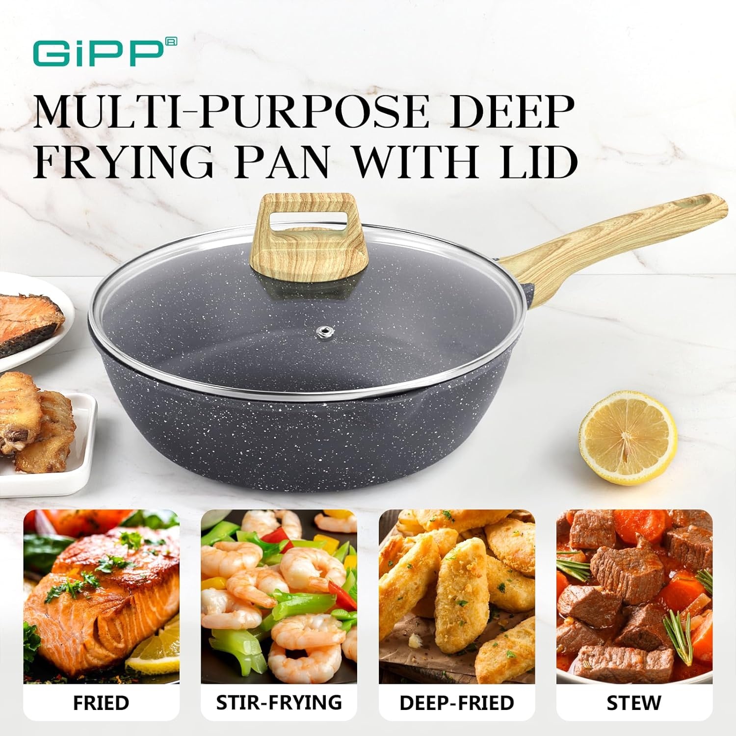 image:imageGiPP Nonstick Deep Frying Pan with Lid White Bundle with Black
