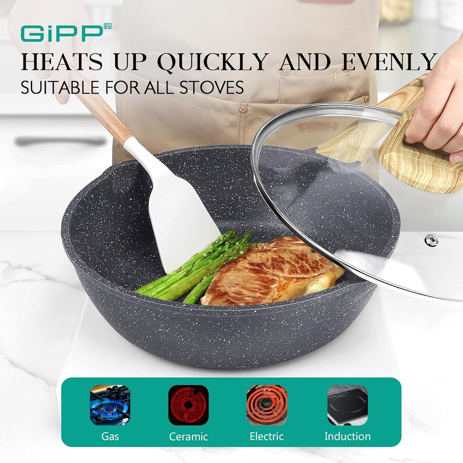 image:imageGiPP Nonstick Deep Frying Pan with Lid White Bundle with Black