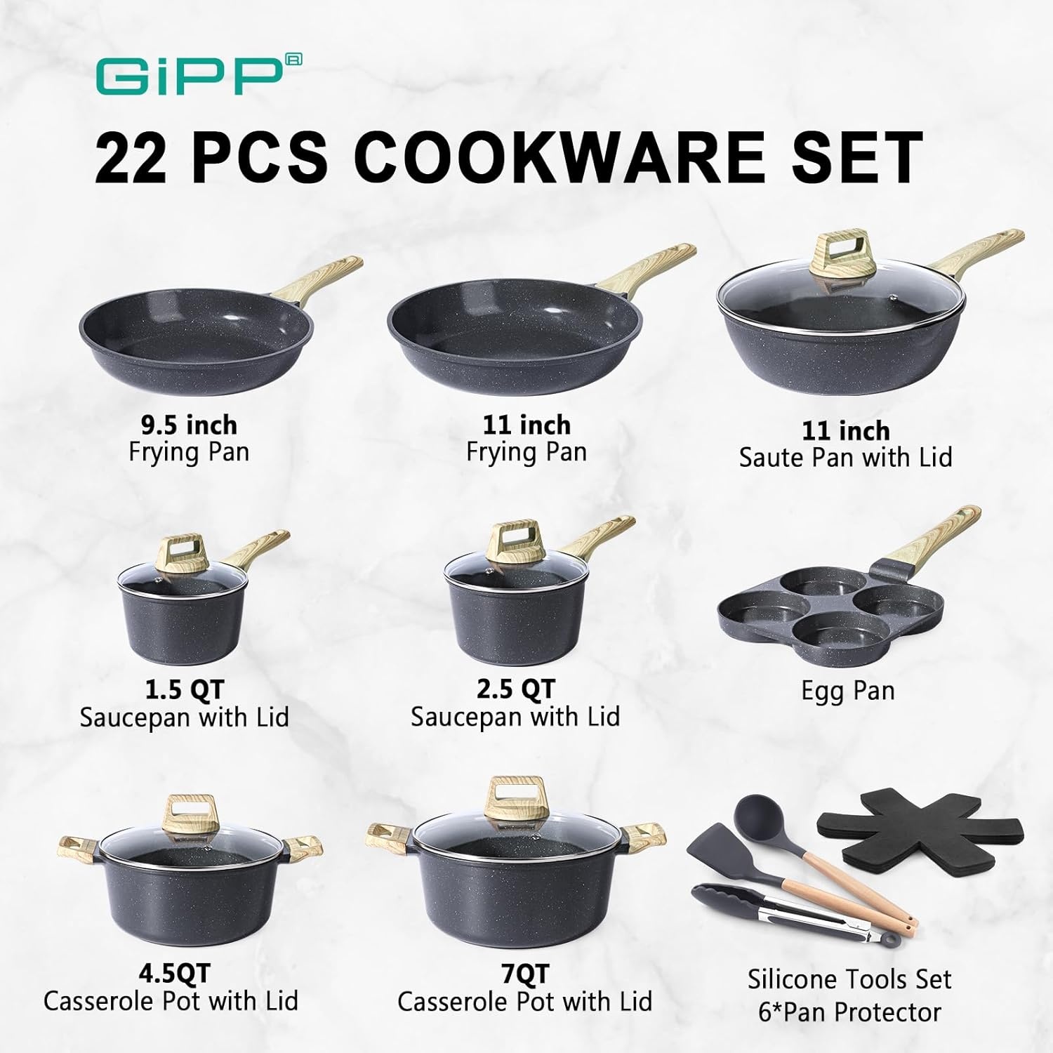 image:imageGiPP Pots and Pans Set Non Stick 10 Pcs White Granite Kitchen Cookware Sets Nonstick Induction Cookware Nontoxic Cooking Pan Set with Lids PFOS and PFOA FreeGray