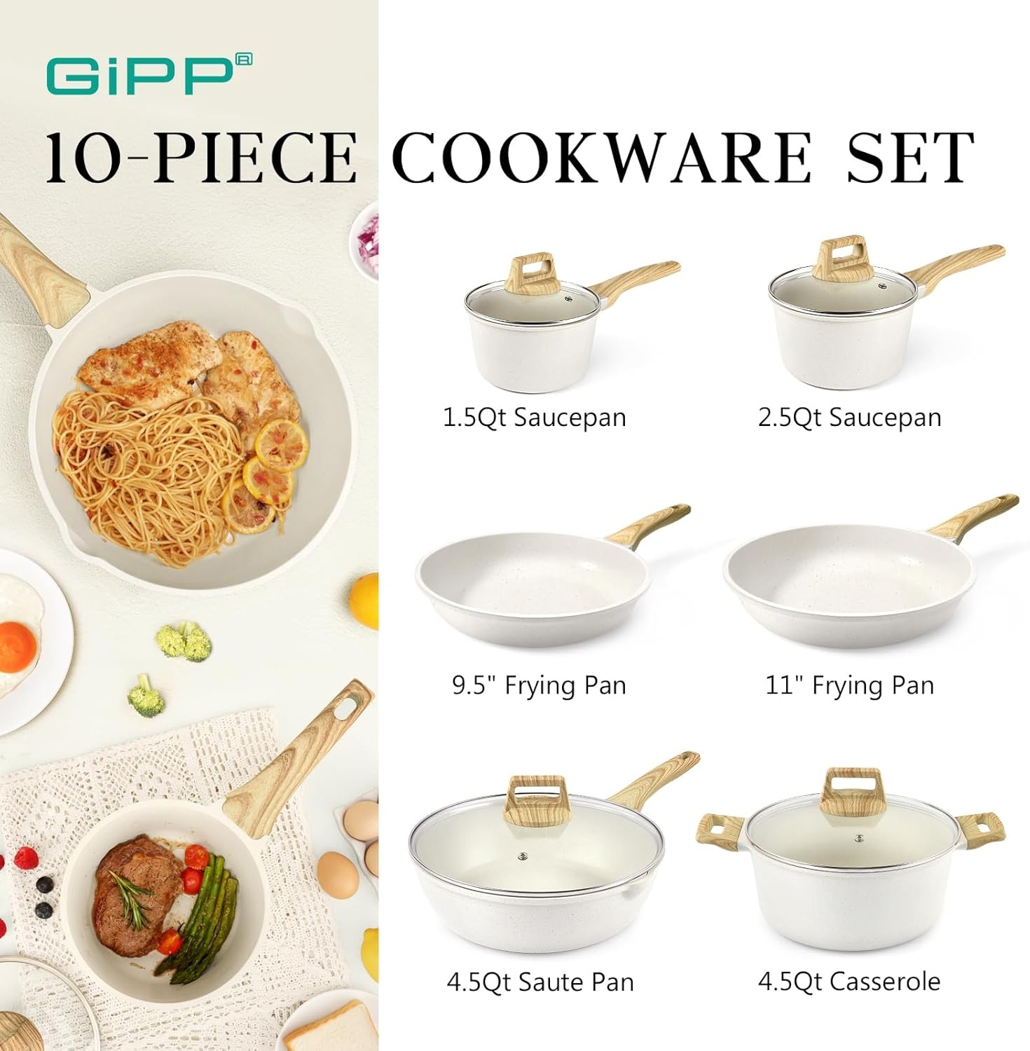 image:imageGiPP Pots and Pans Set Non Stick 10 Pcs White Granite Kitchen Cookware Sets Nonstick Induction Cookware Nontoxic Cooking Pan Set with Lids PFOS and PFOA FreeWhite