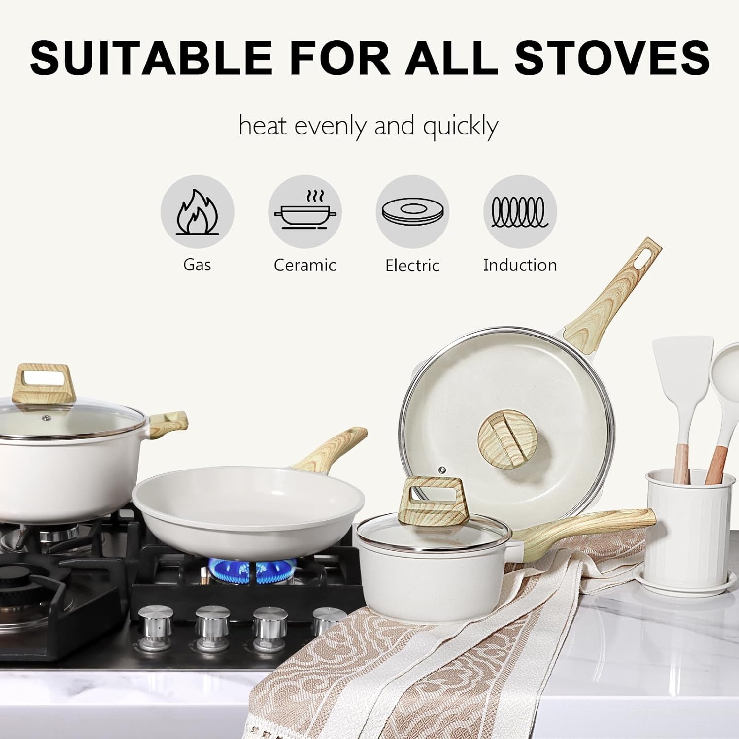 image:imageGiPP Pots and Pans Set Non Stick 10 Pcs White Granite Kitchen Cookware Sets Nonstick Induction Cookware Nontoxic Cooking Pan Set with Lids PFOS and PFOA FreeCream White