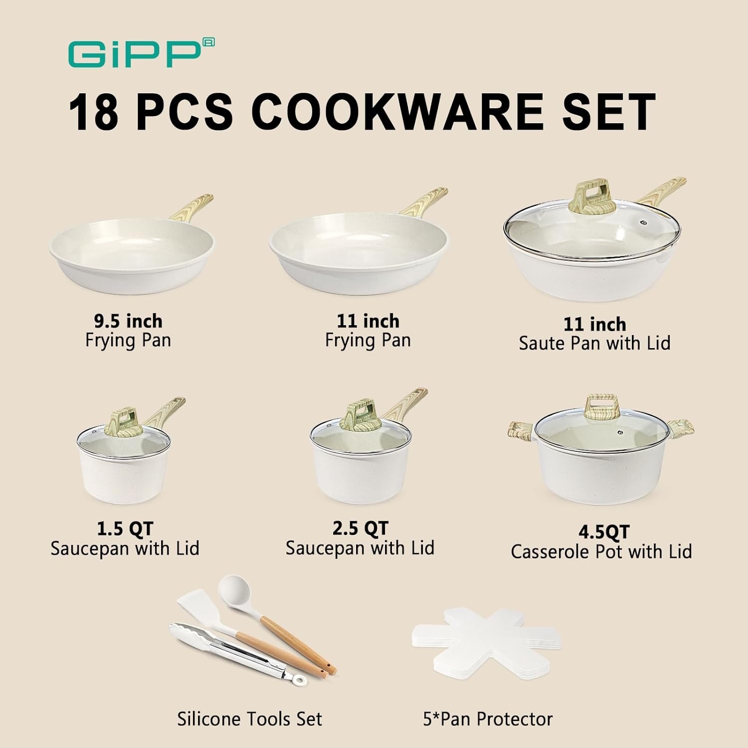 image:imageGiPP Pots and Pans Set Non Stick 10 Pcs White Granite Kitchen Cookware Sets Nonstick Induction Cookware Nontoxic Cooking Pan Set with Lids PFOS and PFOA FreeCream White