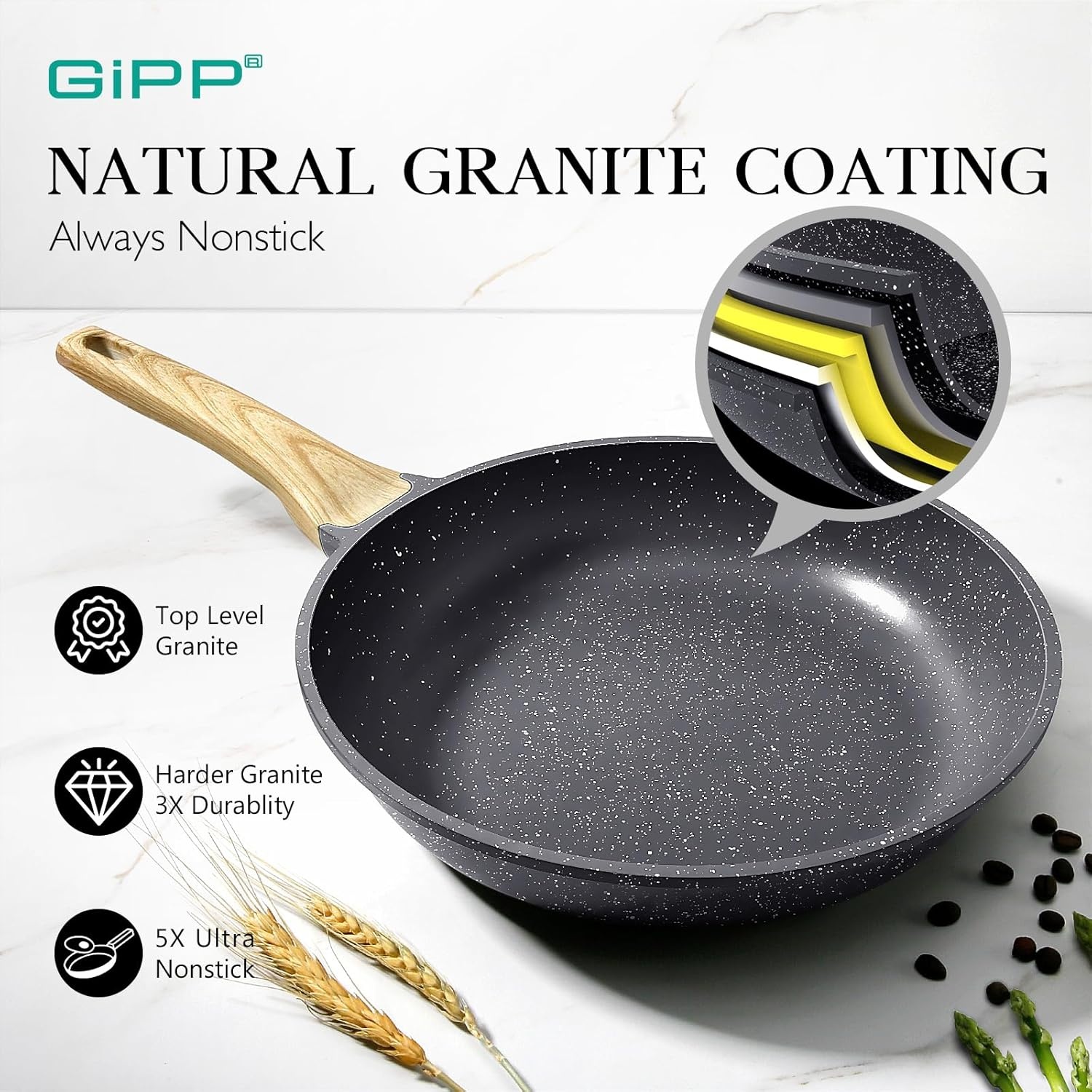 image:imageGiPP Pots and Pans Set Non Stick 10 Pcs White Granite Kitchen Cookware Sets Nonstick Induction Cookware Nontoxic Cooking Pan Set with Lids PFOS and PFOA FreeGray